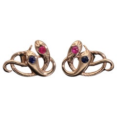 Antique Revival Gold Snake Stud Earrings,  Ruby Sapphire Rose Gold Serpent Studs