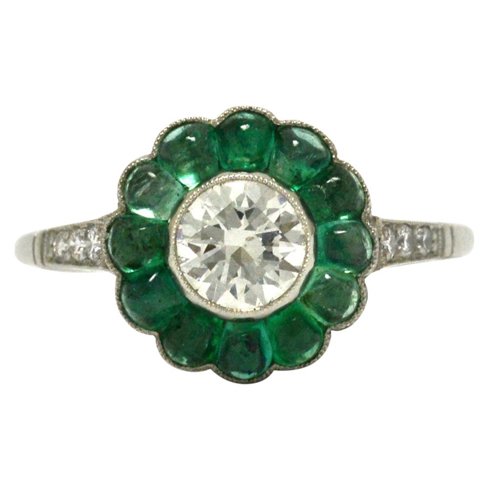 Antique Revival Old European Diamond Emerald Engagement Ring Flower