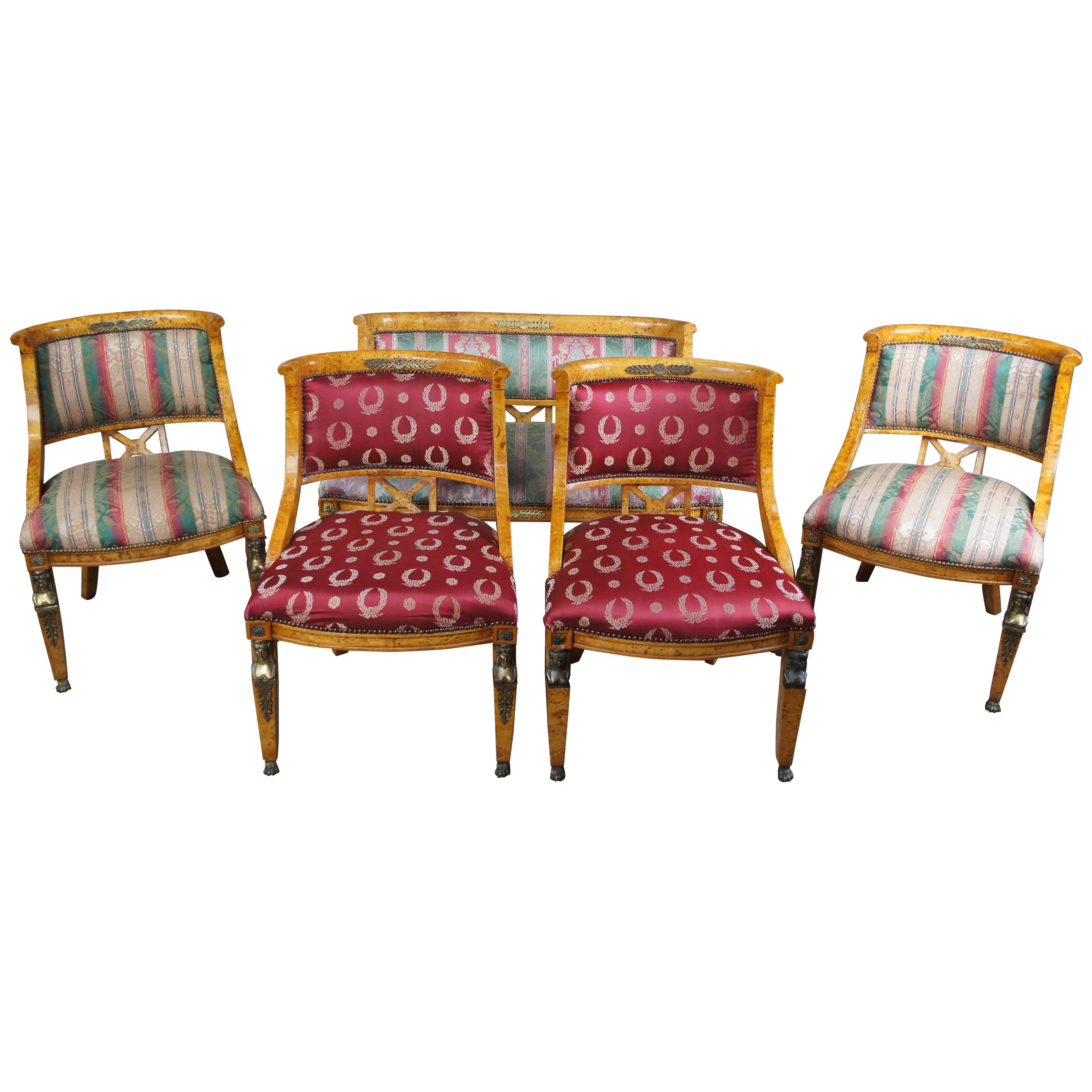 Antique Revival Olive Burlwood Parlor Set of 4 Chairs Settee Neoclassical