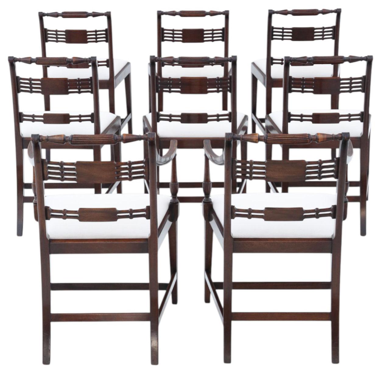 Antique Revival Set of 8 Regency Mahogany Dining Chairs (6 + 2 Carvers) – Vintage c.1940 by Thomas Clarkson & Sons – Fine Quality

A rare and highly desirable set of eight Regency Revival mahogany dining chairs, comprising six side chairs and two