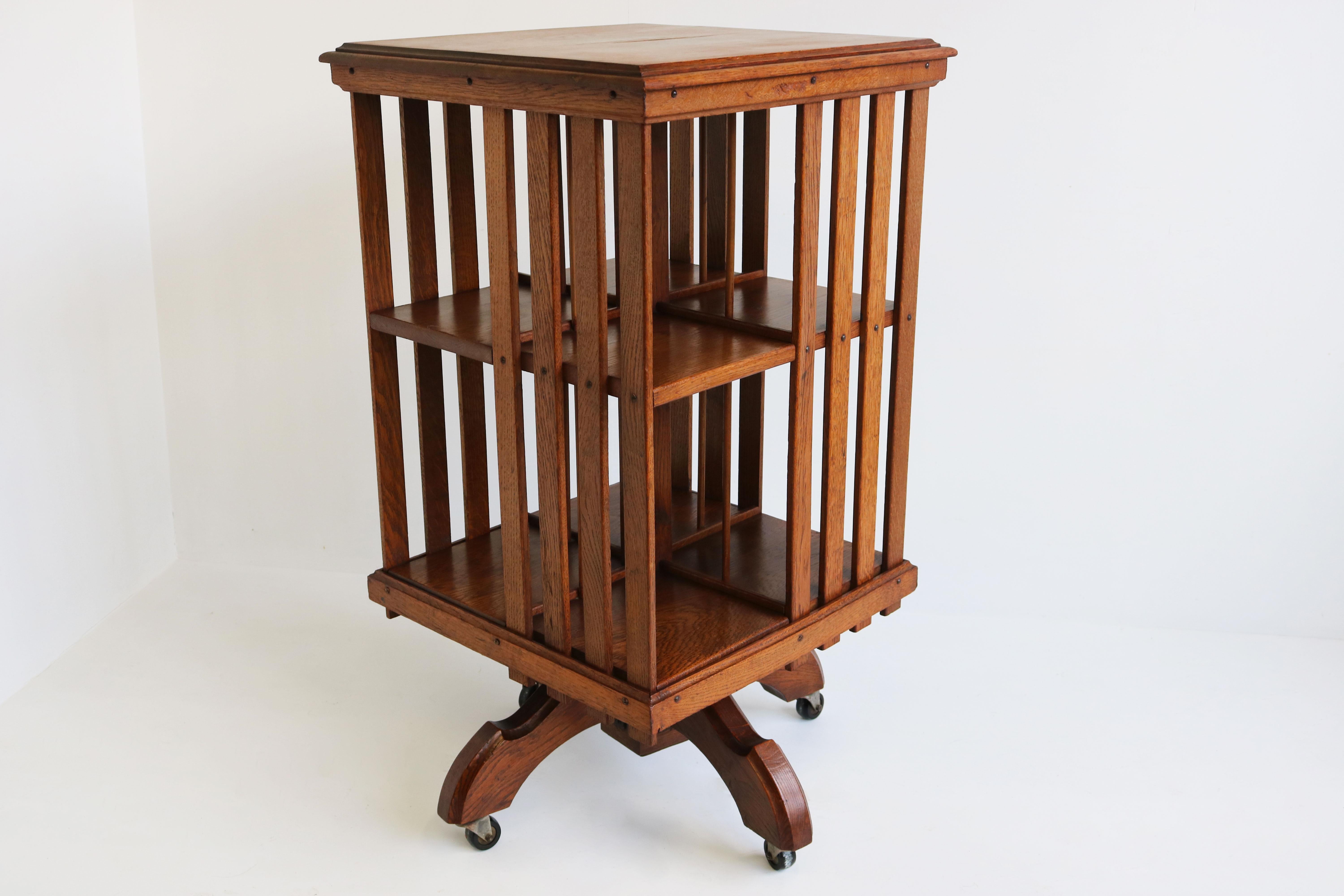 Antique Revolving Bookcase English 19th Century Tiger Oak Arts & Crafts Rotating For Sale 4