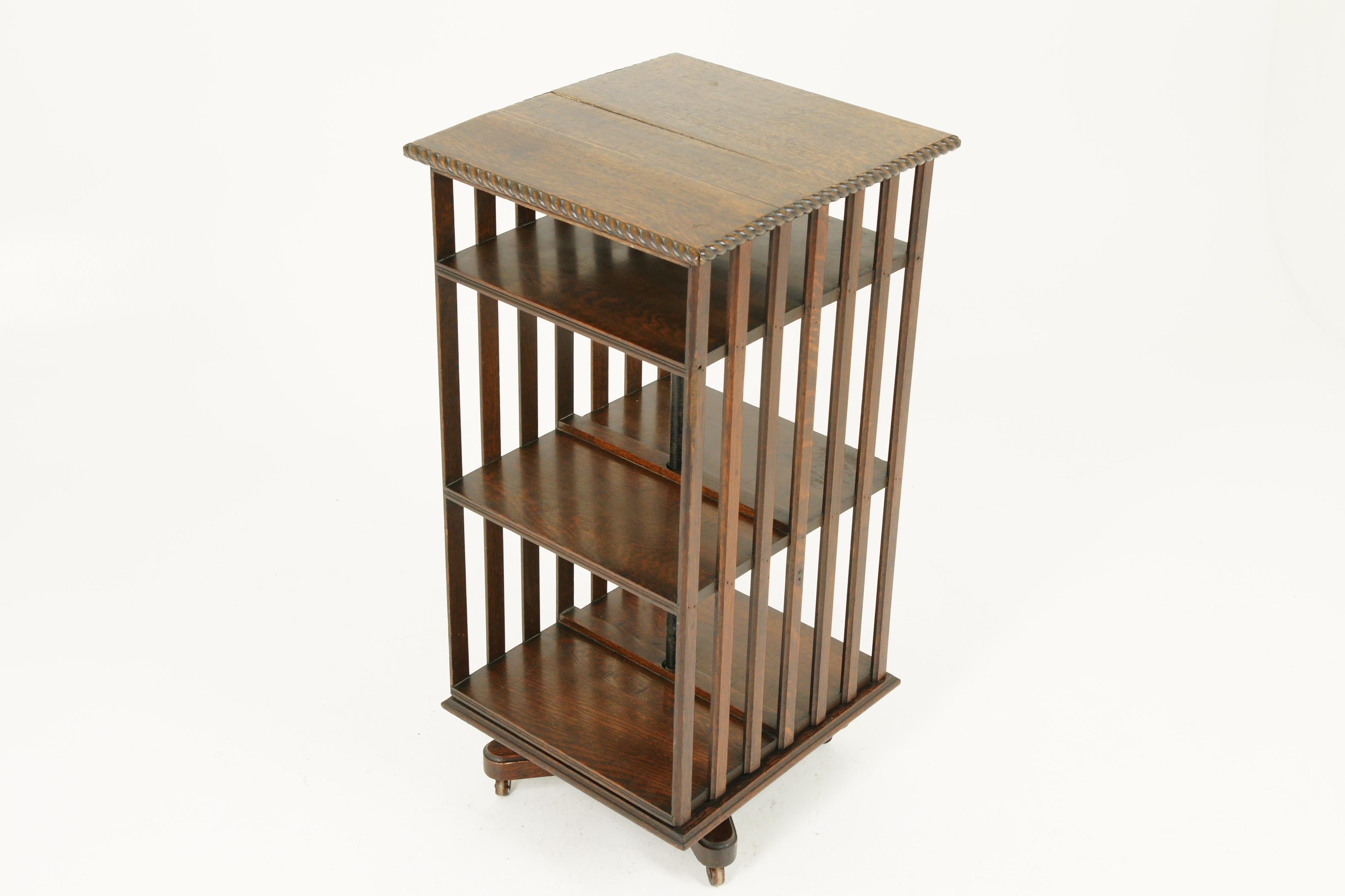 Antique Revolving Bookcase, Tall Oak Three Tiered Bookcase, Scotland, 1910 In Good Condition In Vancouver, BC