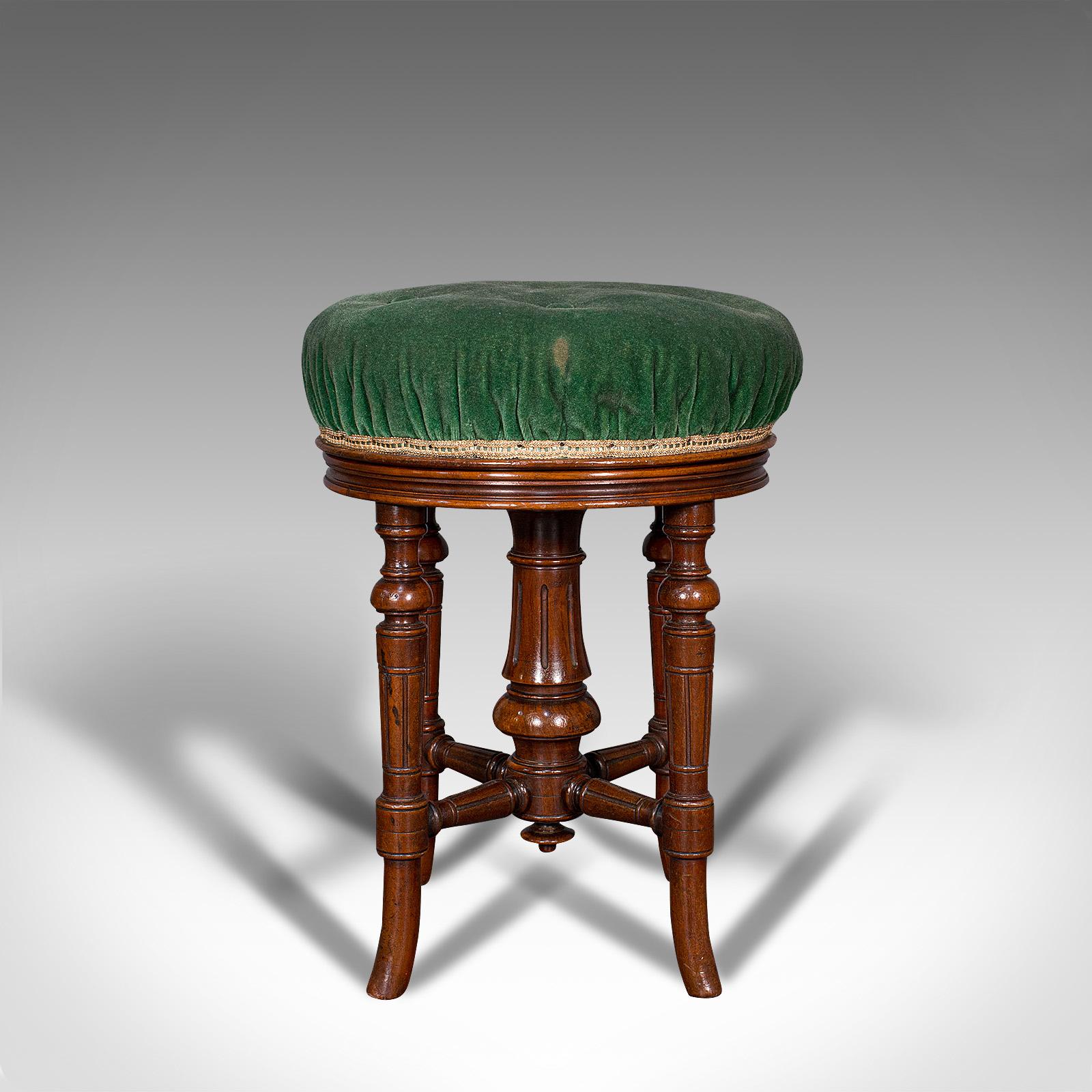 This is an antique revolving music stool. An English, button upholstery and walnut recital or dressing stool by Charles Wadman of Bath, dating to the Victorian period, circa 1880.

Music stool of fine quality from the Aesthetic period
Displaying