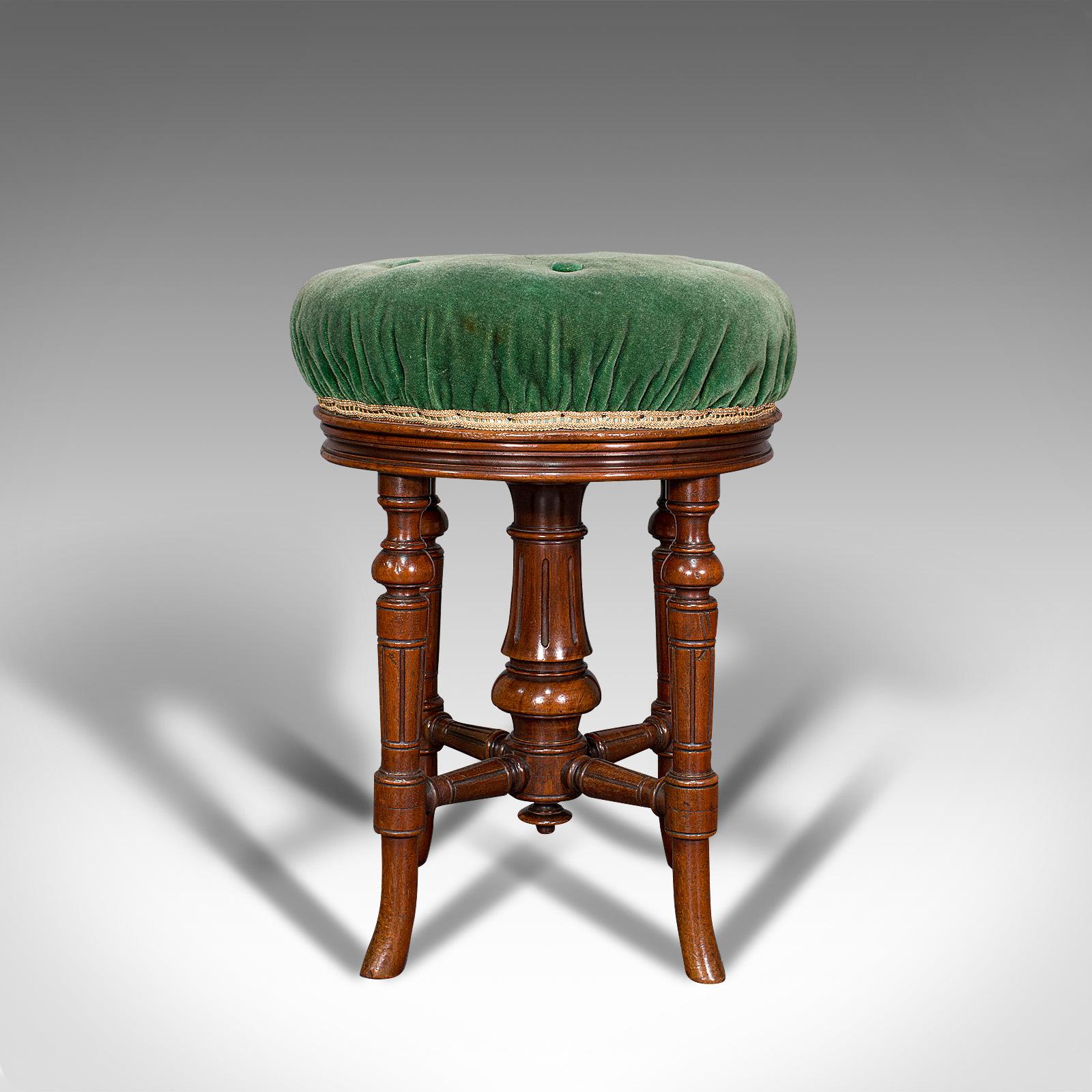British Antique Revolving Music Stool, English, Walnut, Piano, Charles Wadman, C.1880