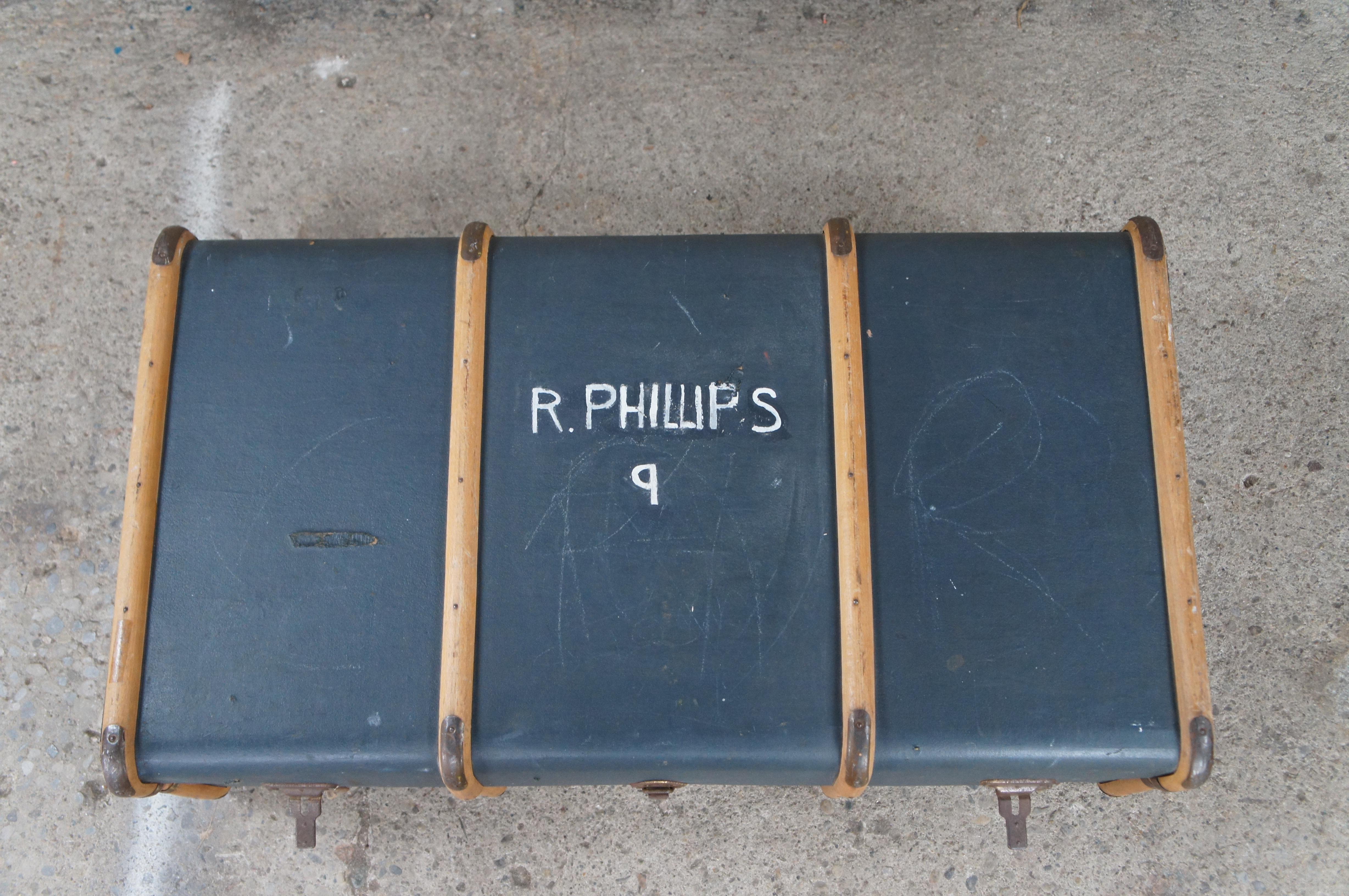 Antique RH Phillips English Steamer Trunk Banded Luggage Suitcase Chest 6