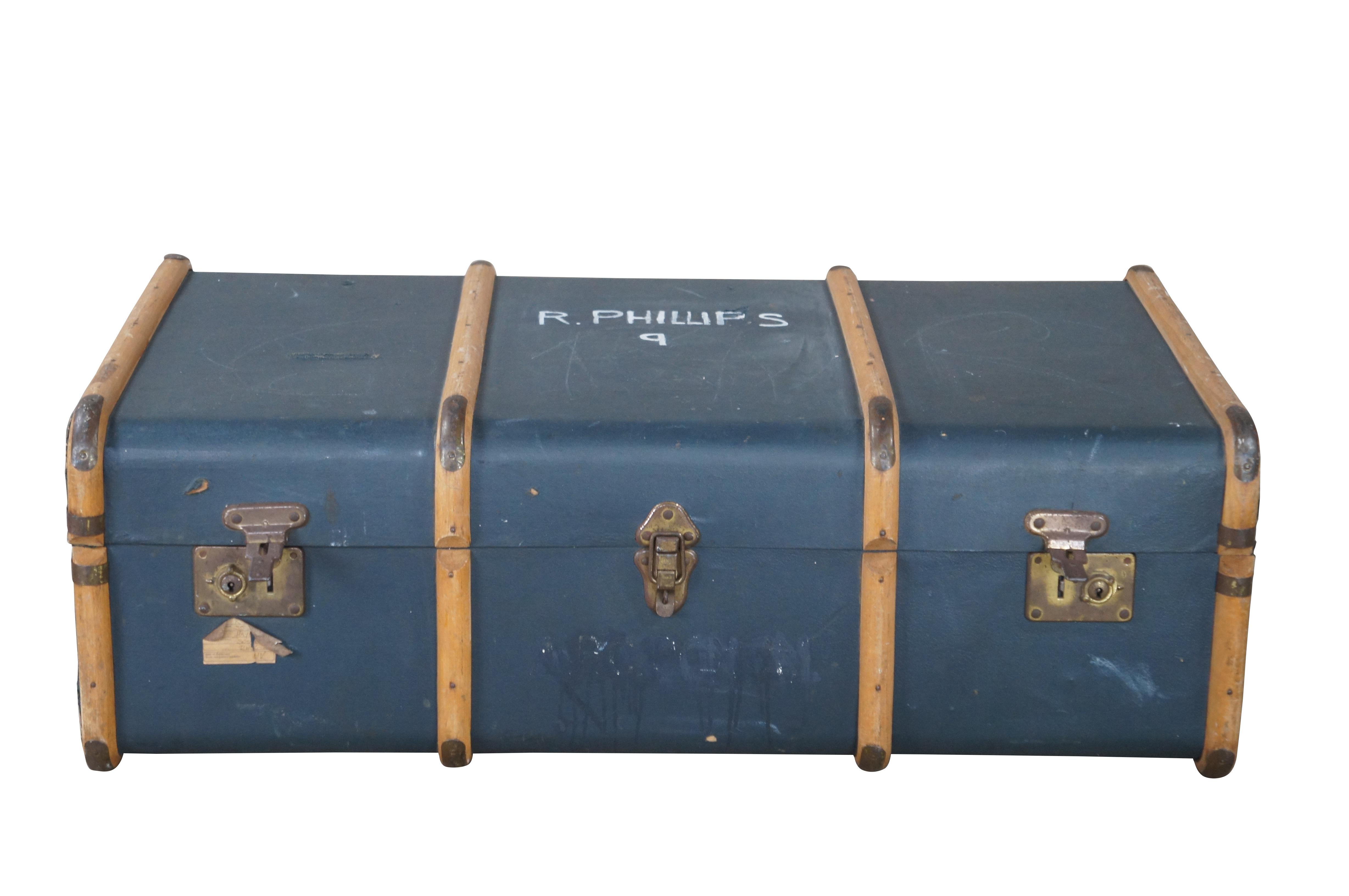 Antique English steamer trunk / suitcase / luggage / travel case featuring wood banding, leather handles, and the name RH Phillips of Sussex United Kingdom UK.

Dimensions:
 20.5