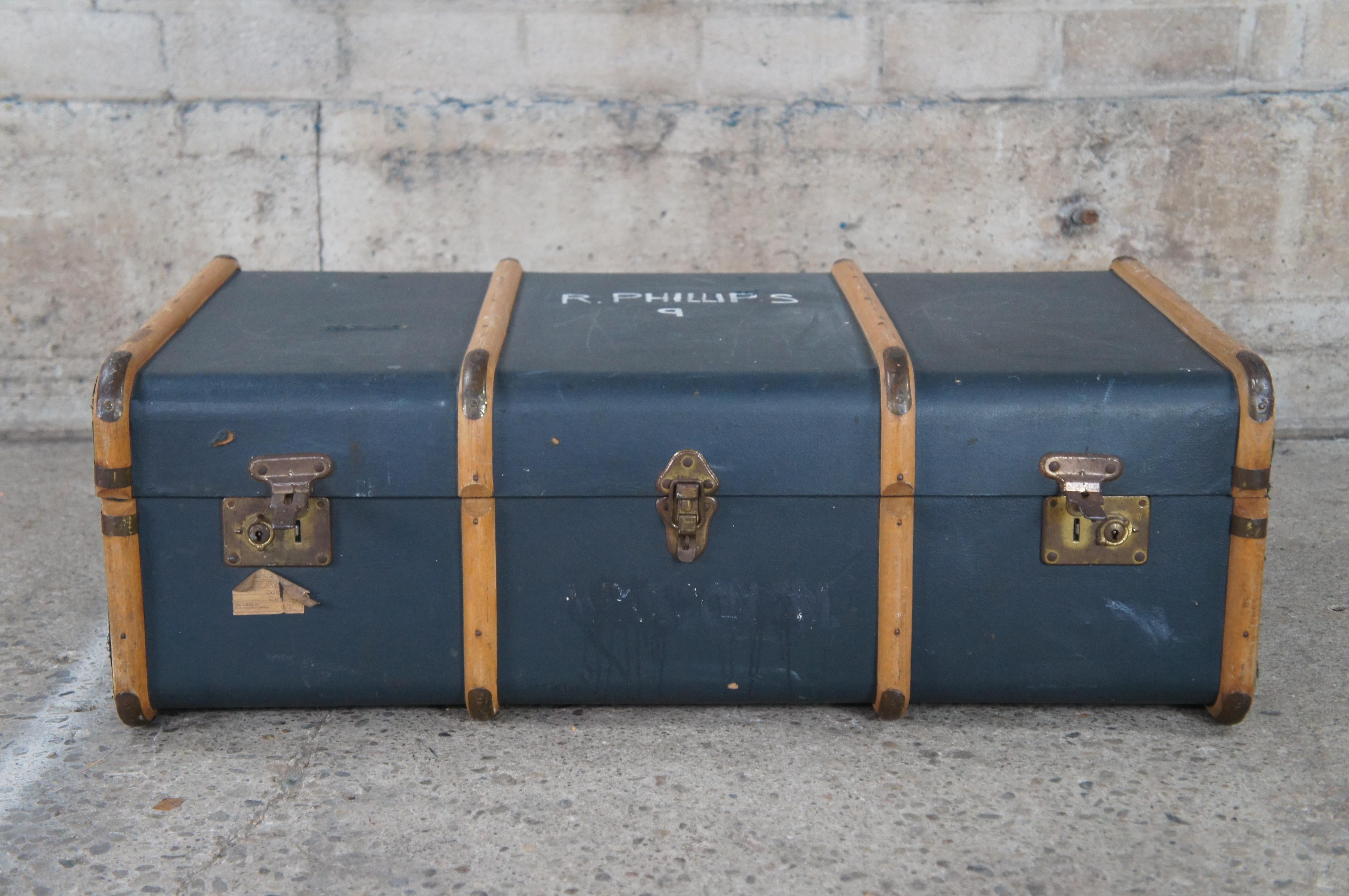 Antique RH Phillips English Steamer Trunk Banded Luggage Suitcase Chest 4