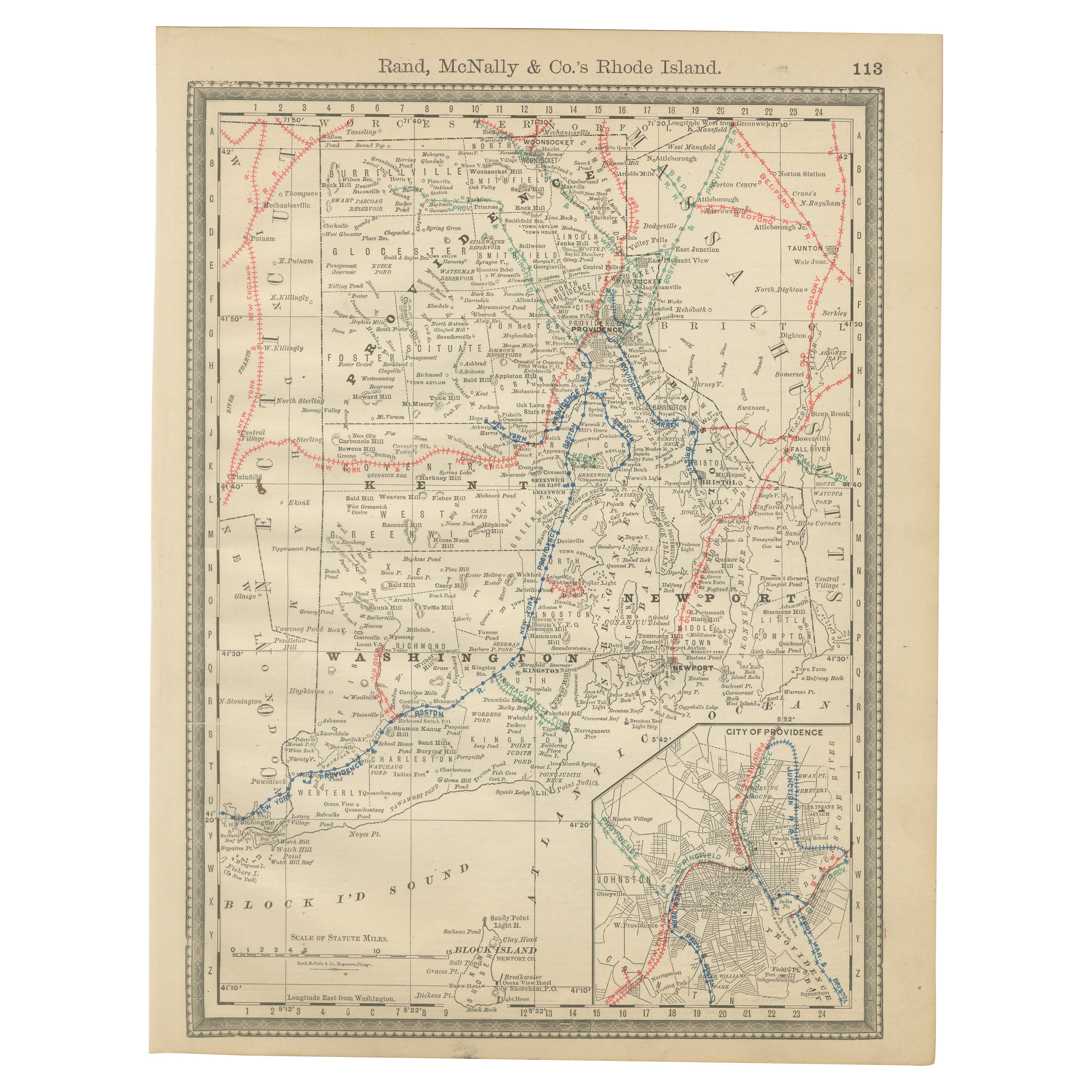 Carte murale ancienne de Rhode Island - Providence 
Newport, Rand McNally, ca.1888 en vente
