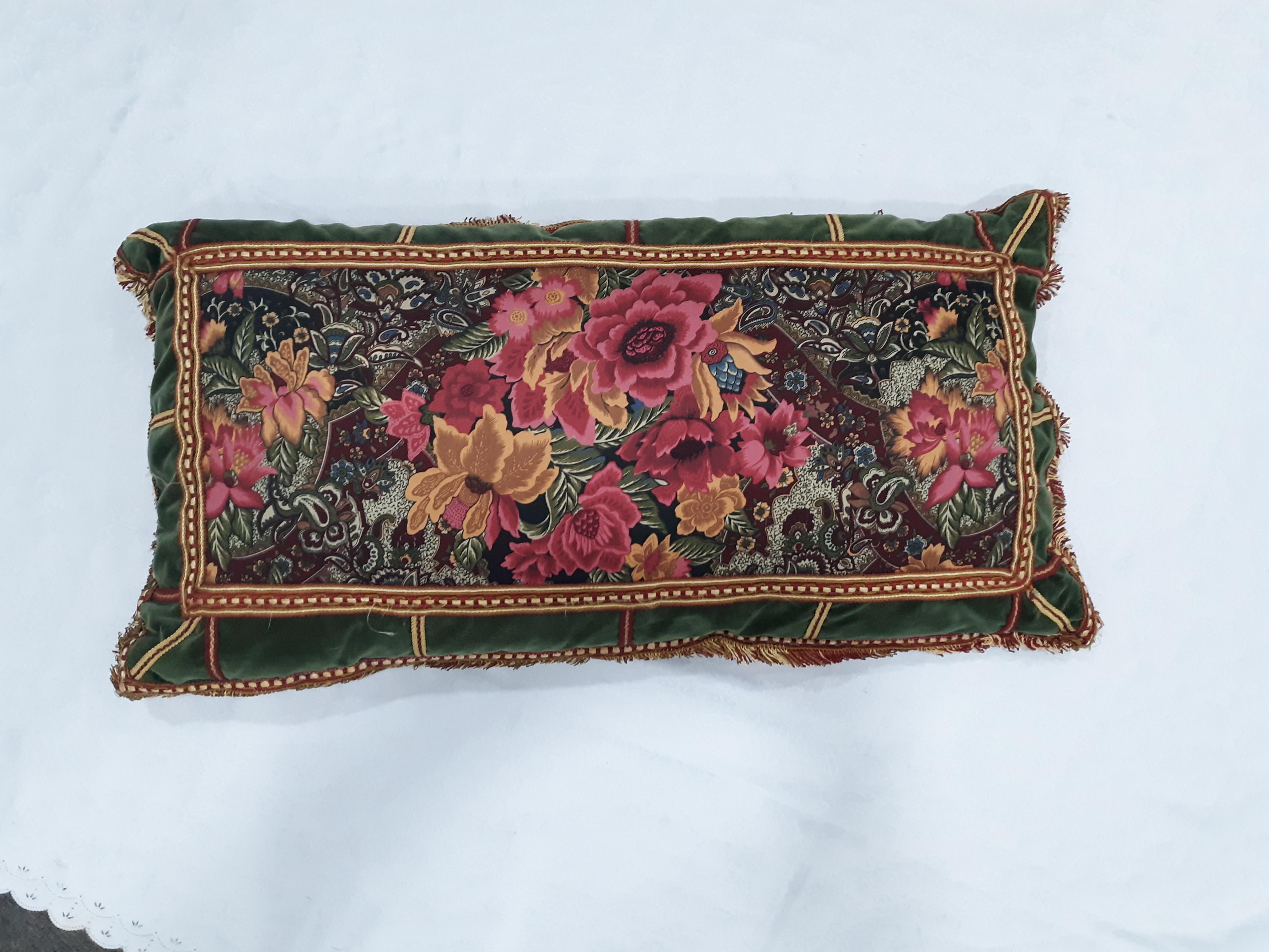 American Colonial Antique Rich Floral Embroidered Pillows Red and Green Velvet 'Set of 2' For Sale
