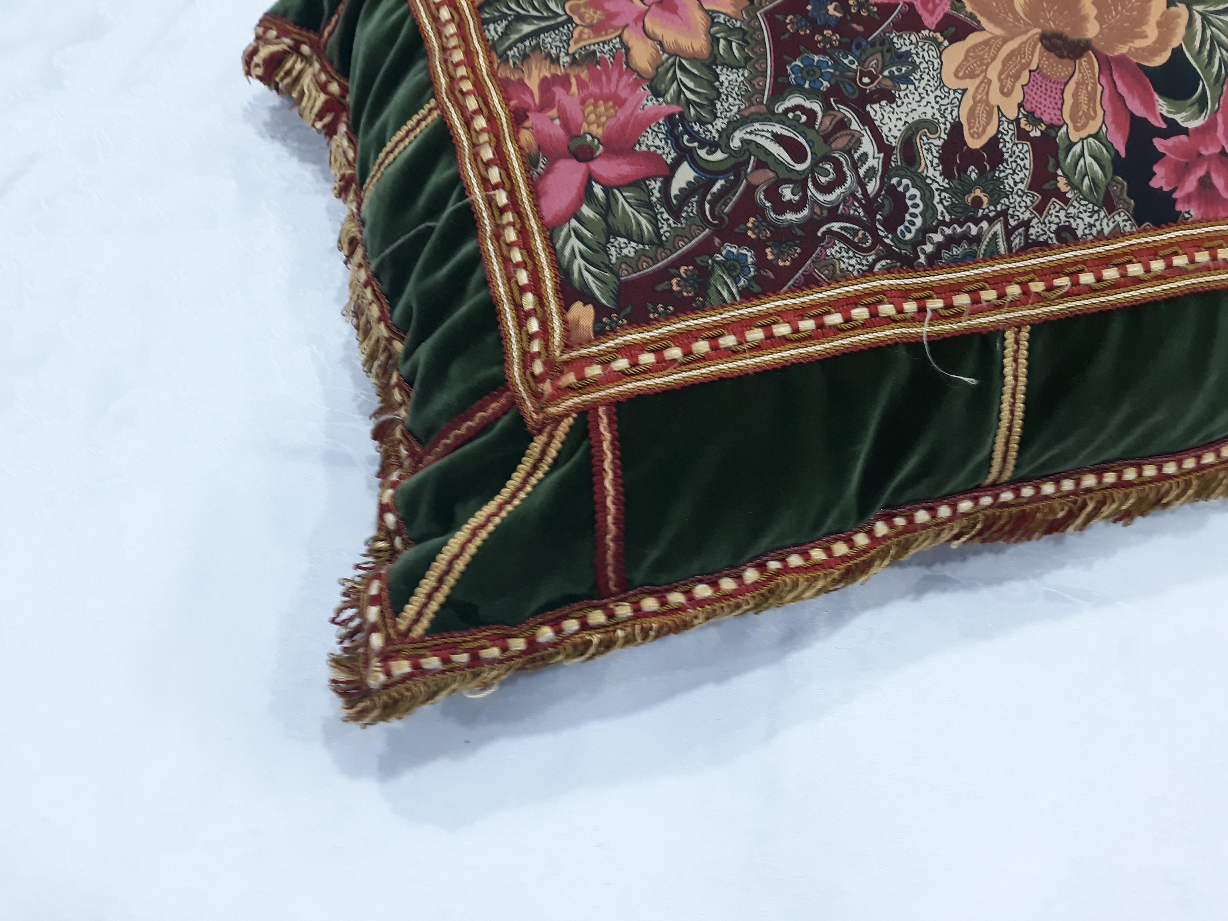 Hand-Crafted Antique Rich Floral Embroidered Pillows Red and Green Velvet 'Set of 2' For Sale