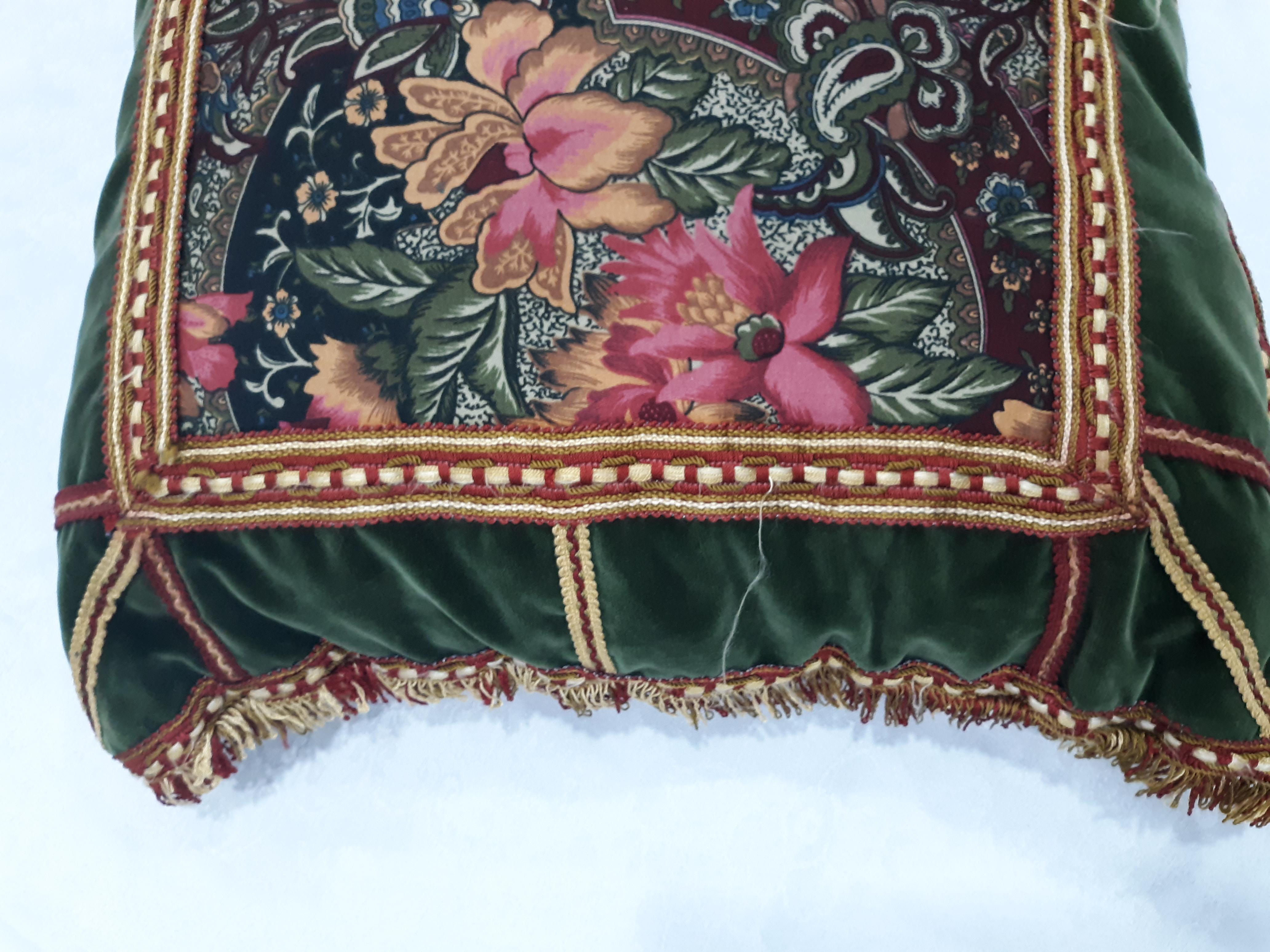 20th Century Antique Rich Floral Embroidered Pillows Red and Green Velvet 'Set of 2' For Sale