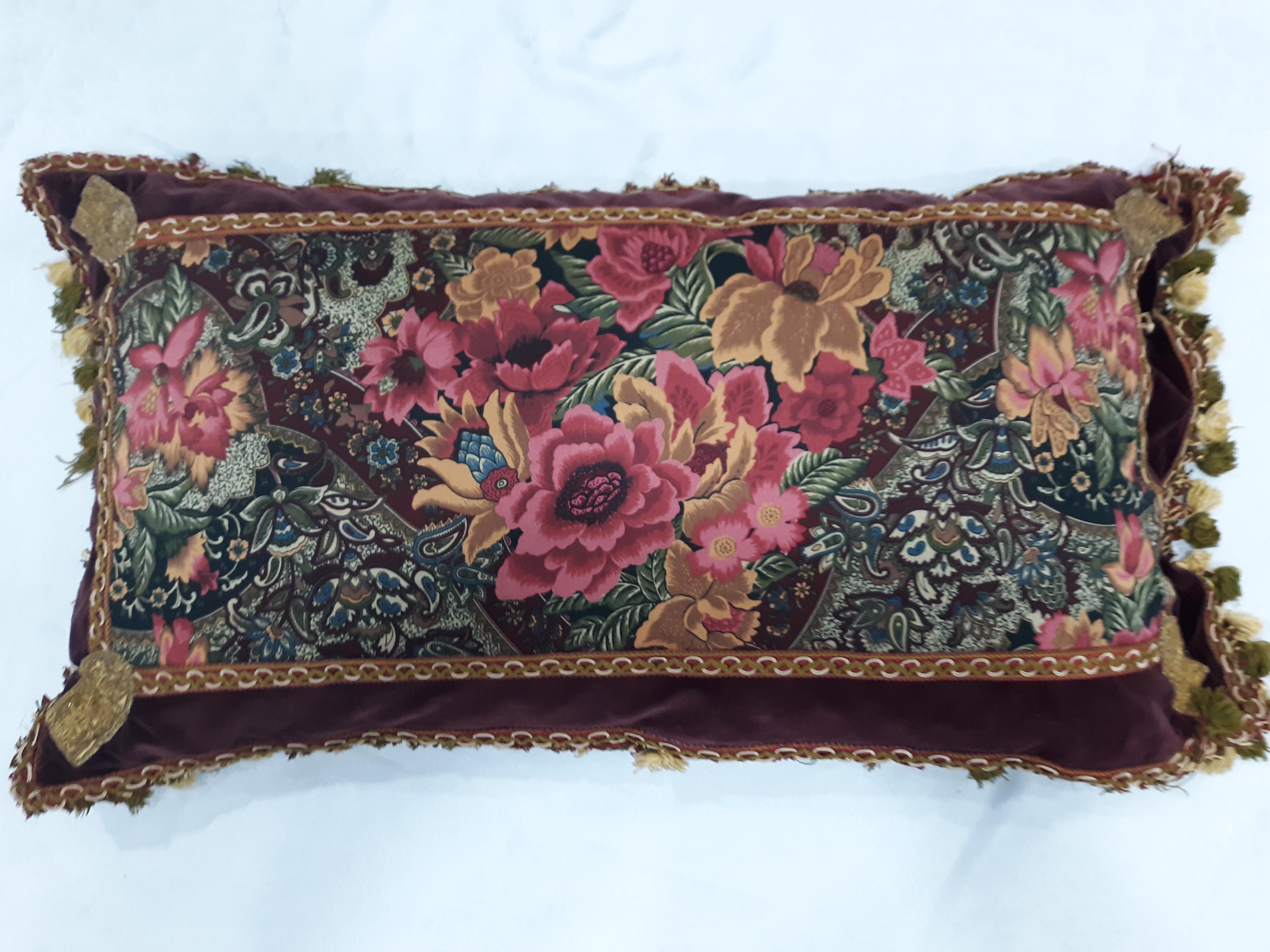 Suede Antique Rich Floral Embroidered Pillows Red and Green Velvet 'Set of 2' For Sale