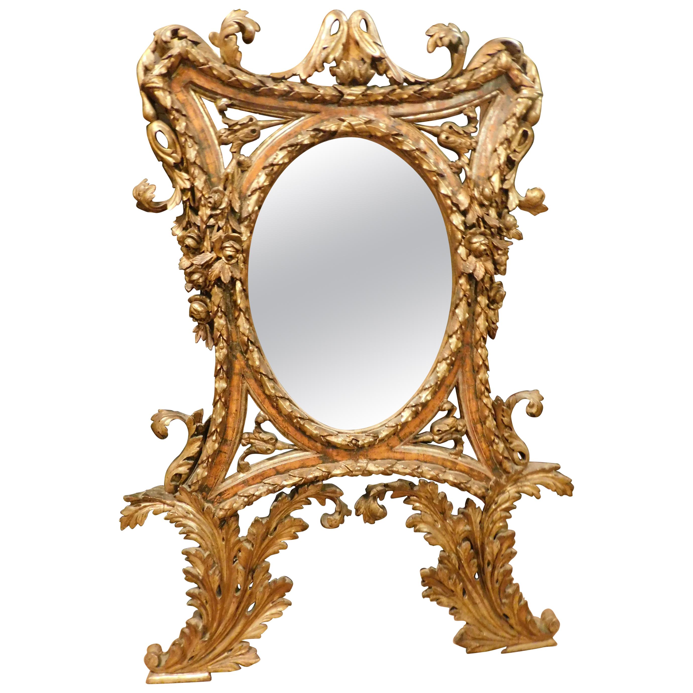 Antique Rich Golden Mirror with Leaves, 18th Century Italy