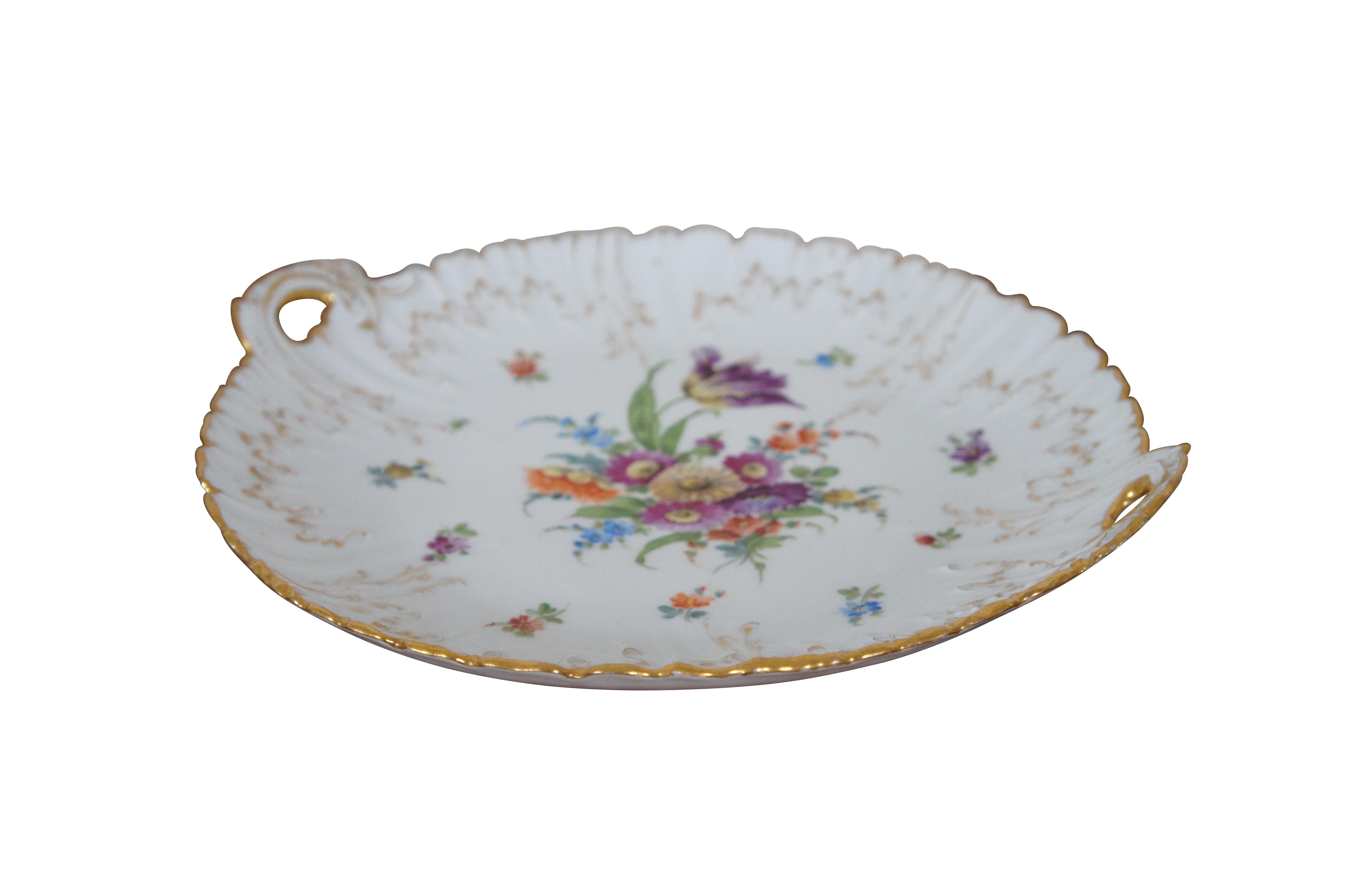 Antique Richard Klemm cake plate or platter featuring floral motif with handles and scalloped gold rim.

