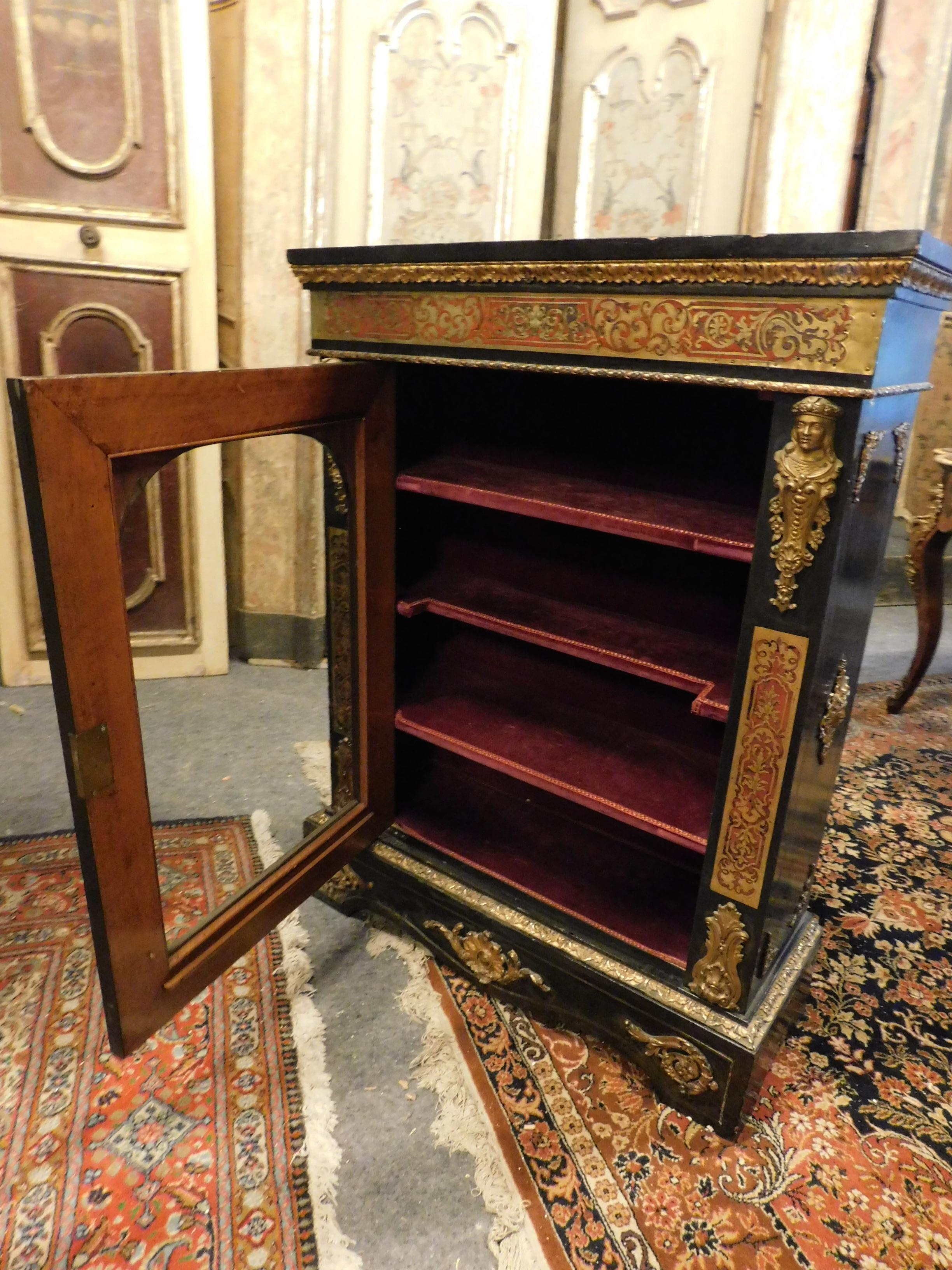 Italian Antique Richly Decorated Showcase, Black Gold Brass Inlays, 1850, Italy