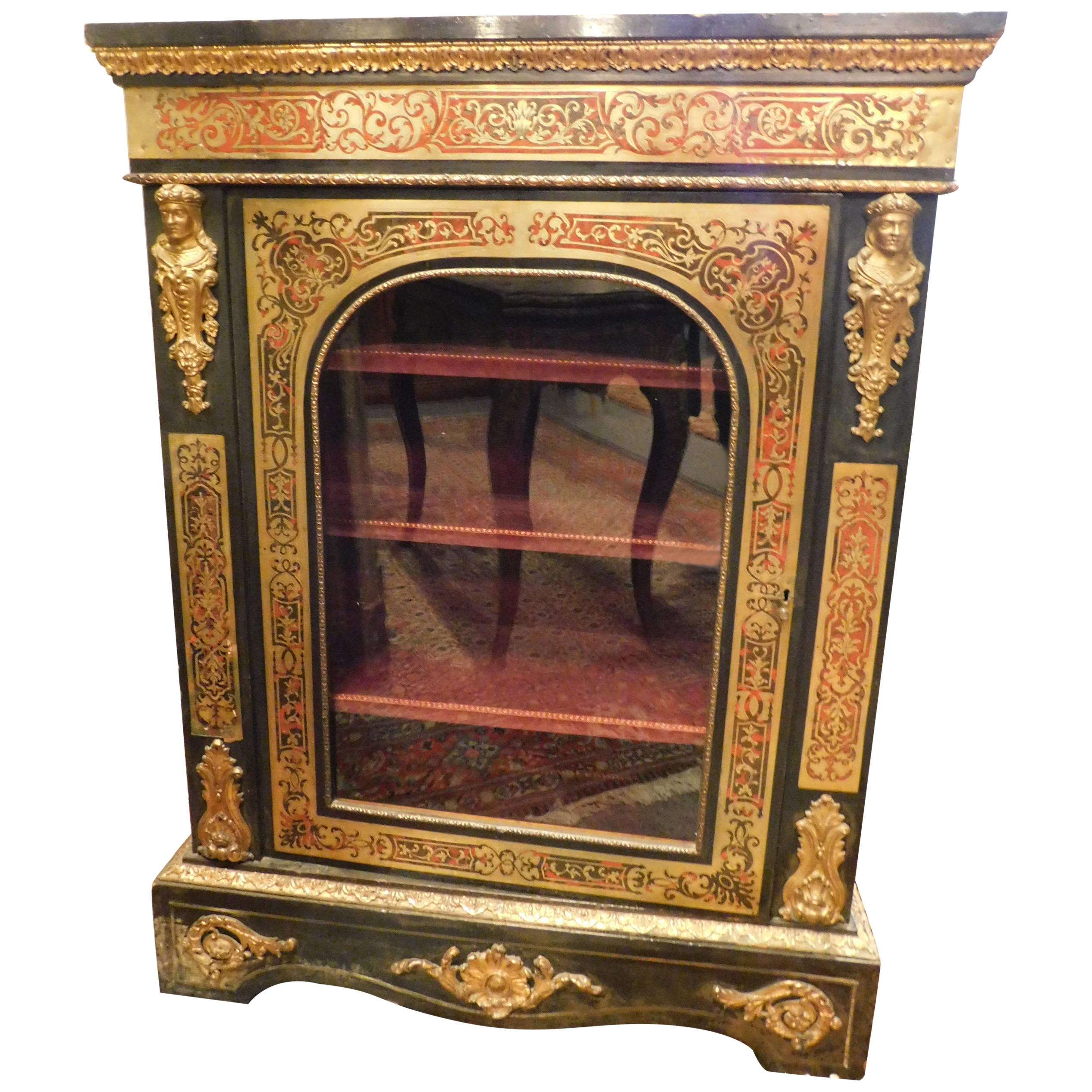 Antique Richly Decorated Showcase, Black Gold Brass Inlays, 1850, Italy