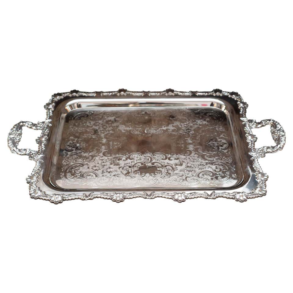 Silver Retangular Antique Rectangular Silver Plated Serving Tray with Stylized Floral ...