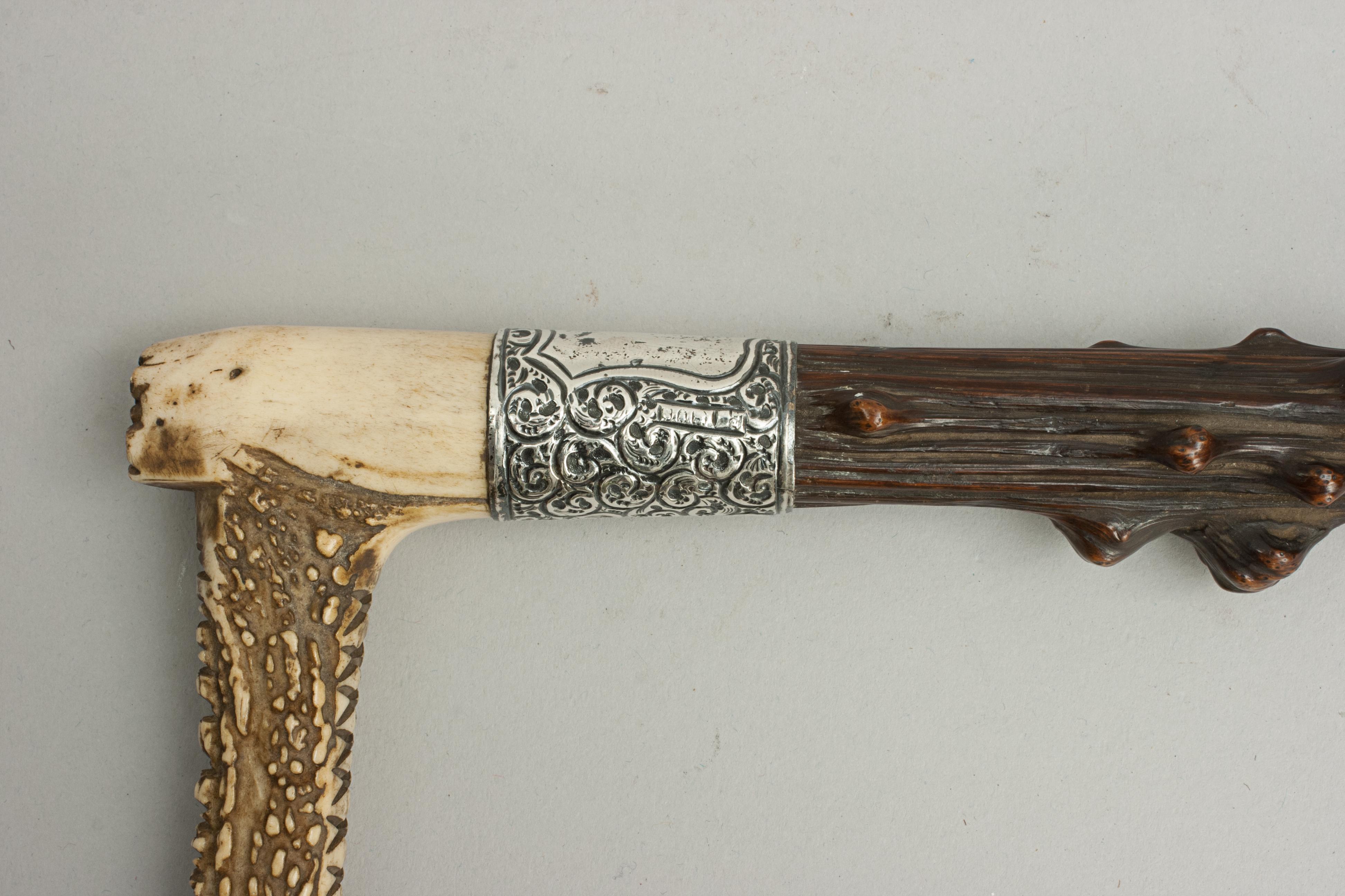 19th Century Antique Riding Crop with Antler Handle and Hawthorn Shaft and Silver Collar For Sale