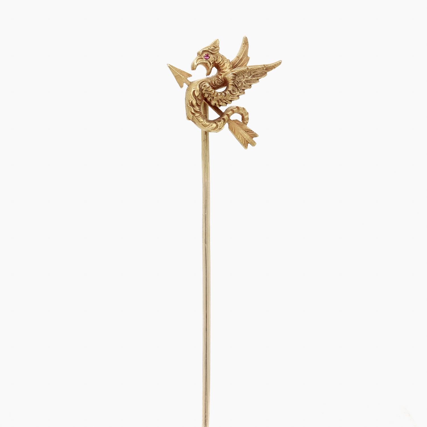 Round Cut Antique Riker Bros 14k Gold & Ruby Figural Cockatrice or Dragon & Arrow Stickpin For Sale