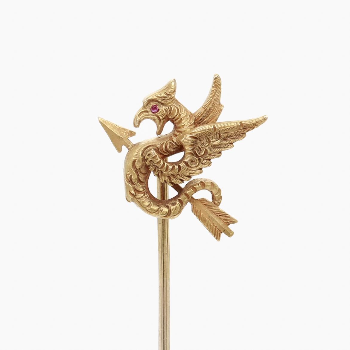 Antique Riker Bros 14k Gold & Ruby Figural Cockatrice or Dragon & Arrow Stickpin In Good Condition For Sale In Philadelphia, PA
