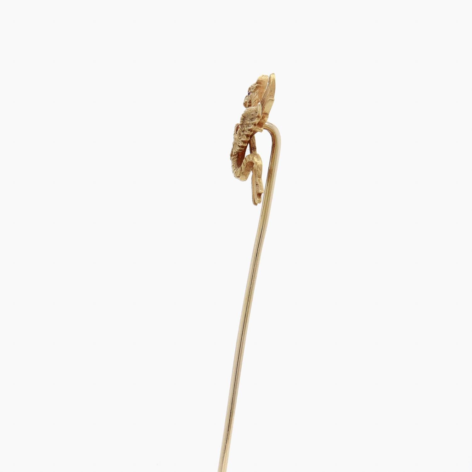 Women's or Men's Antique Riker Bros 14k Gold & Ruby Figural Cockatrice or Dragon & Arrow Stickpin For Sale
