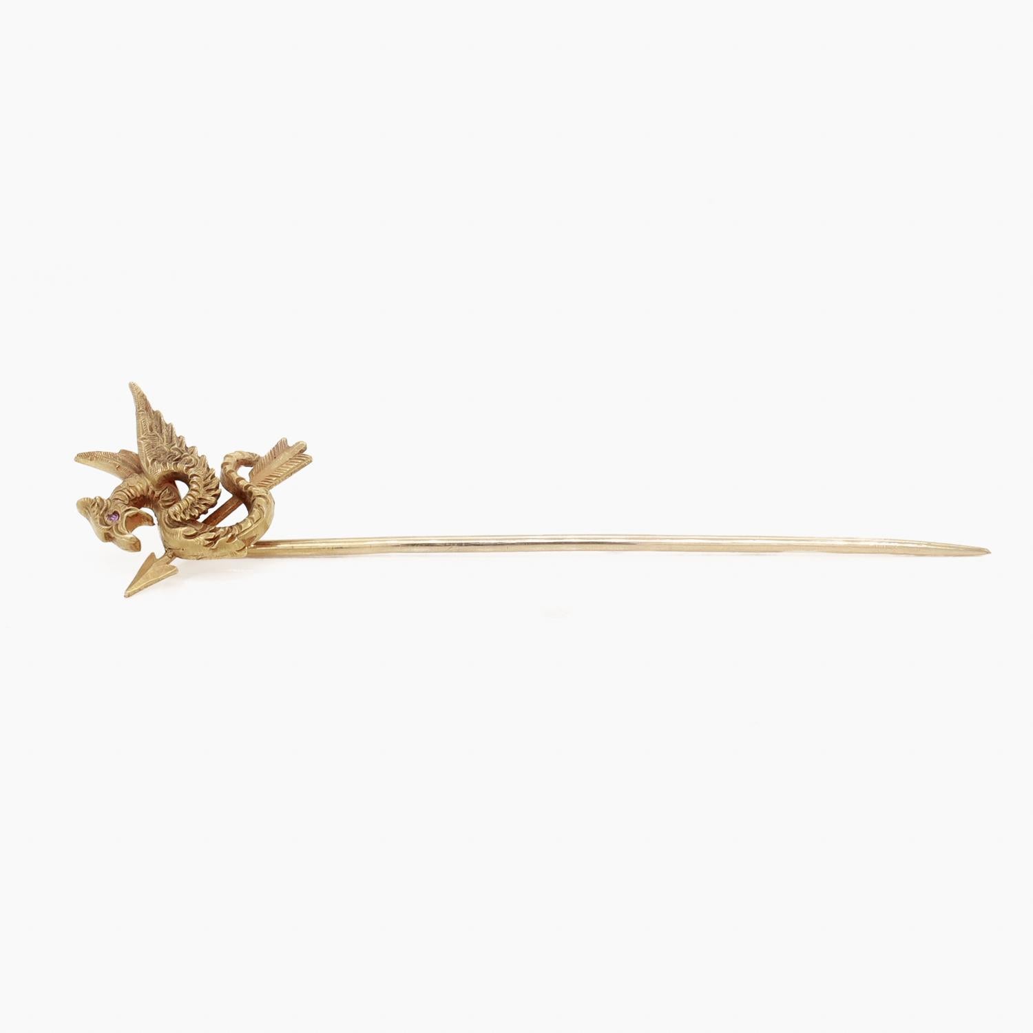 Antique Riker Bros 14k Gold & Ruby Figural Cockatrice or Dragon & Arrow Stickpin For Sale 4