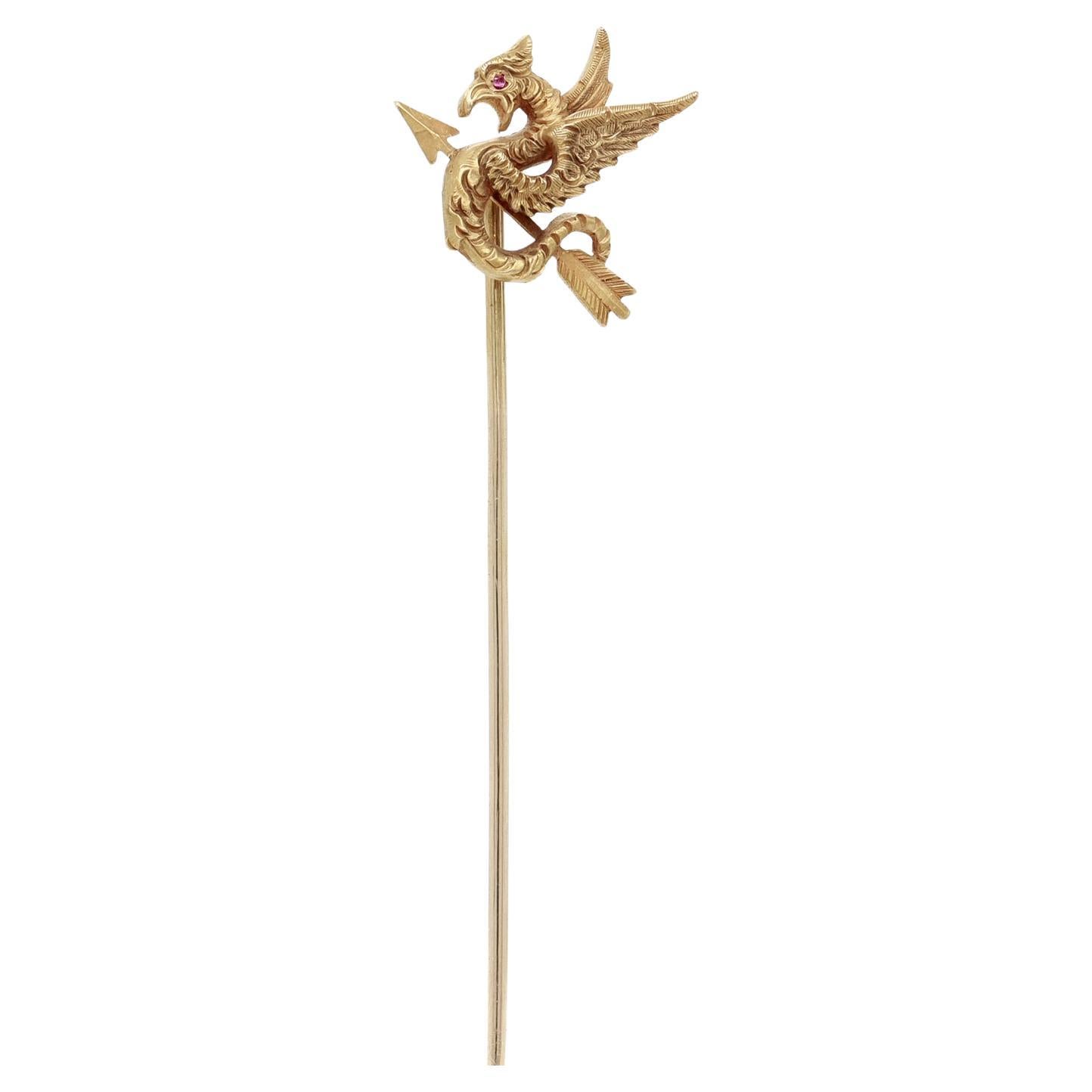 Antique Riker Bros 14k Gold & Ruby Figural Cockatrice or Dragon & Arrow Stickpin For Sale