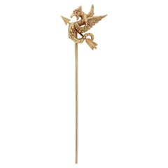 Antique Riker Bros 14k Gold & Ruby Figural Cockatrice or Dragon & Arrow Stickpin