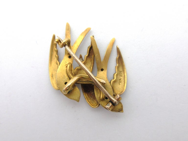 Women's or Men's Antique Riker Brothers Swallows Pocket Watch Brooch 14 Karat Yellow Gold