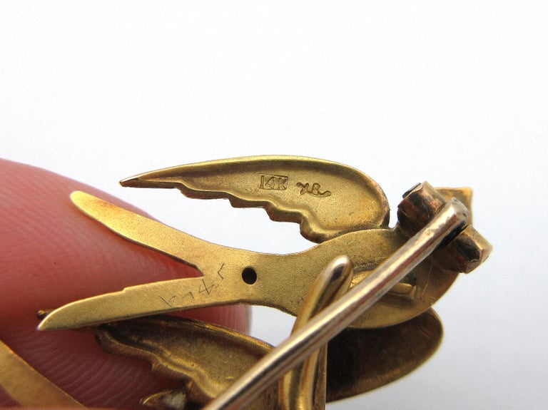 Antique Riker Brothers Swallows Pocket Watch Brooch 14 Karat Yellow Gold 1