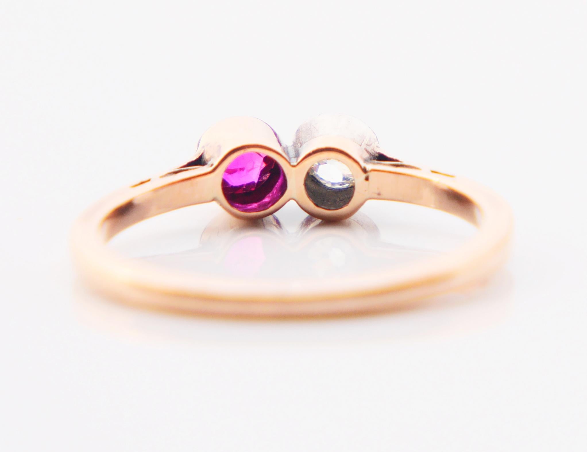 Antique Ring 0.2 ct Diamond 0.2ct Ruby solid 14K Rose Gold Silver Ø US5.25/1.6gr For Sale 5