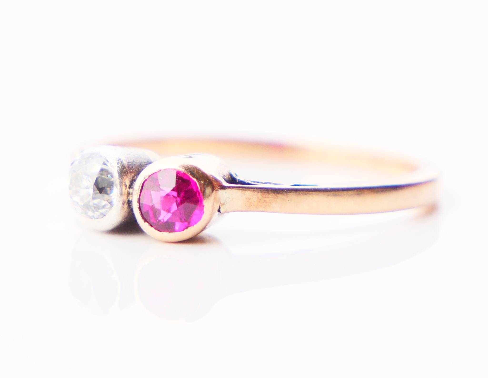Antique Ring 0.2 ct Diamond 0.2ct Ruby solid 14K Rose Gold Silver Ø US5.25/1.6gr For Sale 6