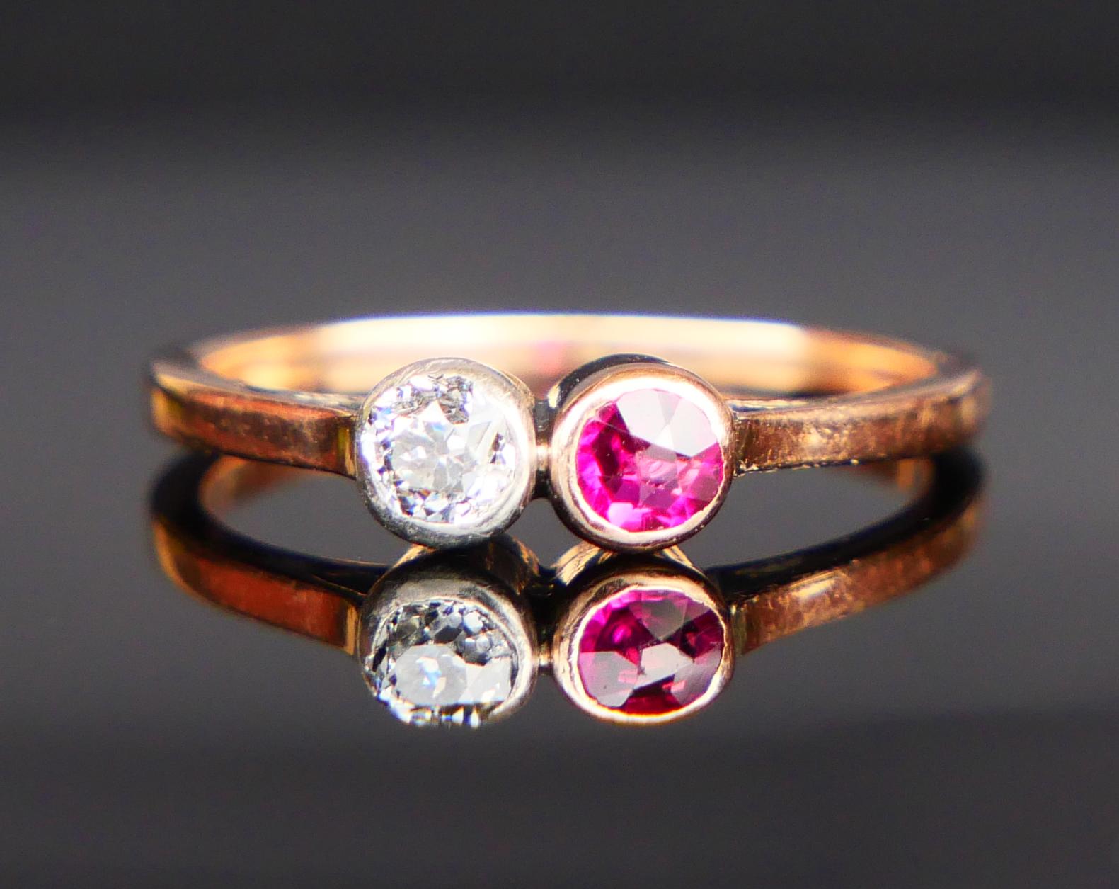 Retro Antique Ring 0.2 ct Diamond 0.2ct Ruby solid 14K Rose Gold Silver Ø US5.25/1.6gr For Sale