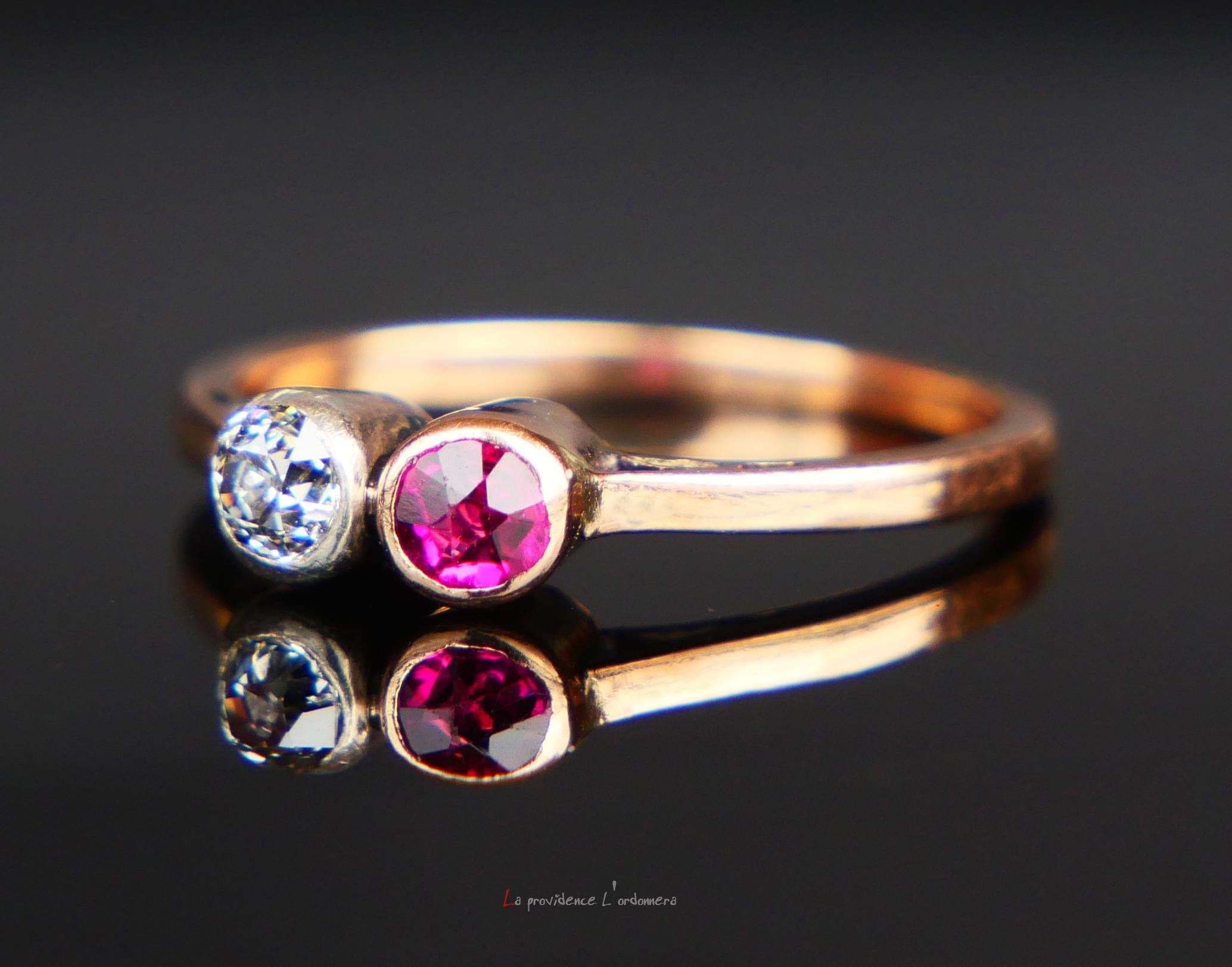 Old European Cut Antique Ring 0.2 ct Diamond 0.2ct Ruby solid 14K Rose Gold Silver Ø US5.25/1.6gr For Sale