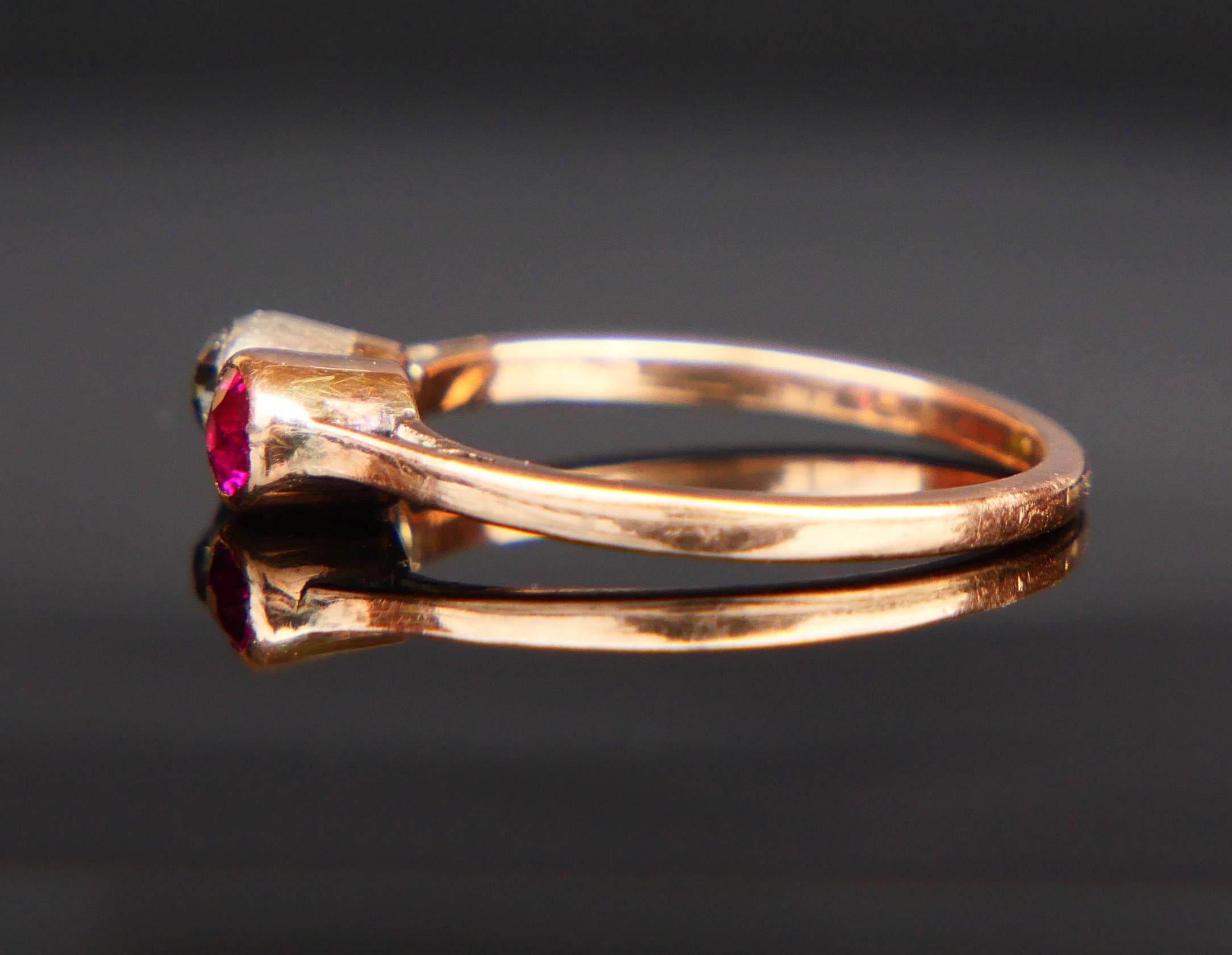 Women's Antique Ring 0.2 ct Diamond 0.2ct Ruby solid 14K Rose Gold Silver Ø US5.25/1.6gr For Sale