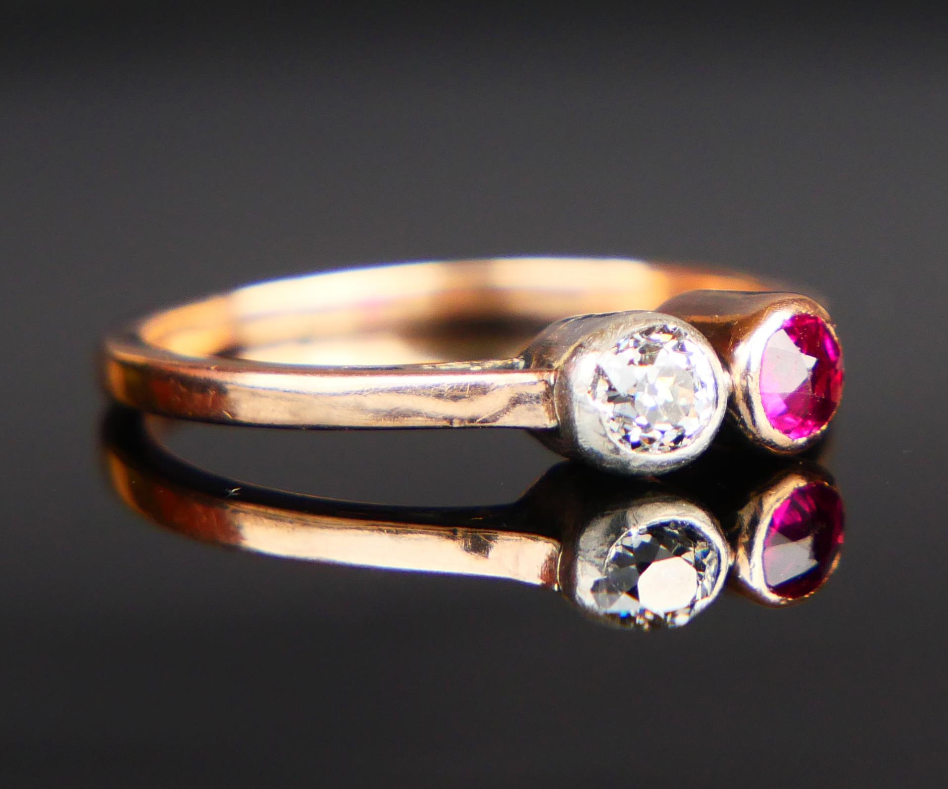Antique Ring 0.2 ct Diamond 0.2ct Ruby solid 14K Rose Gold Silver Ø US5.25/1.6gr For Sale 1