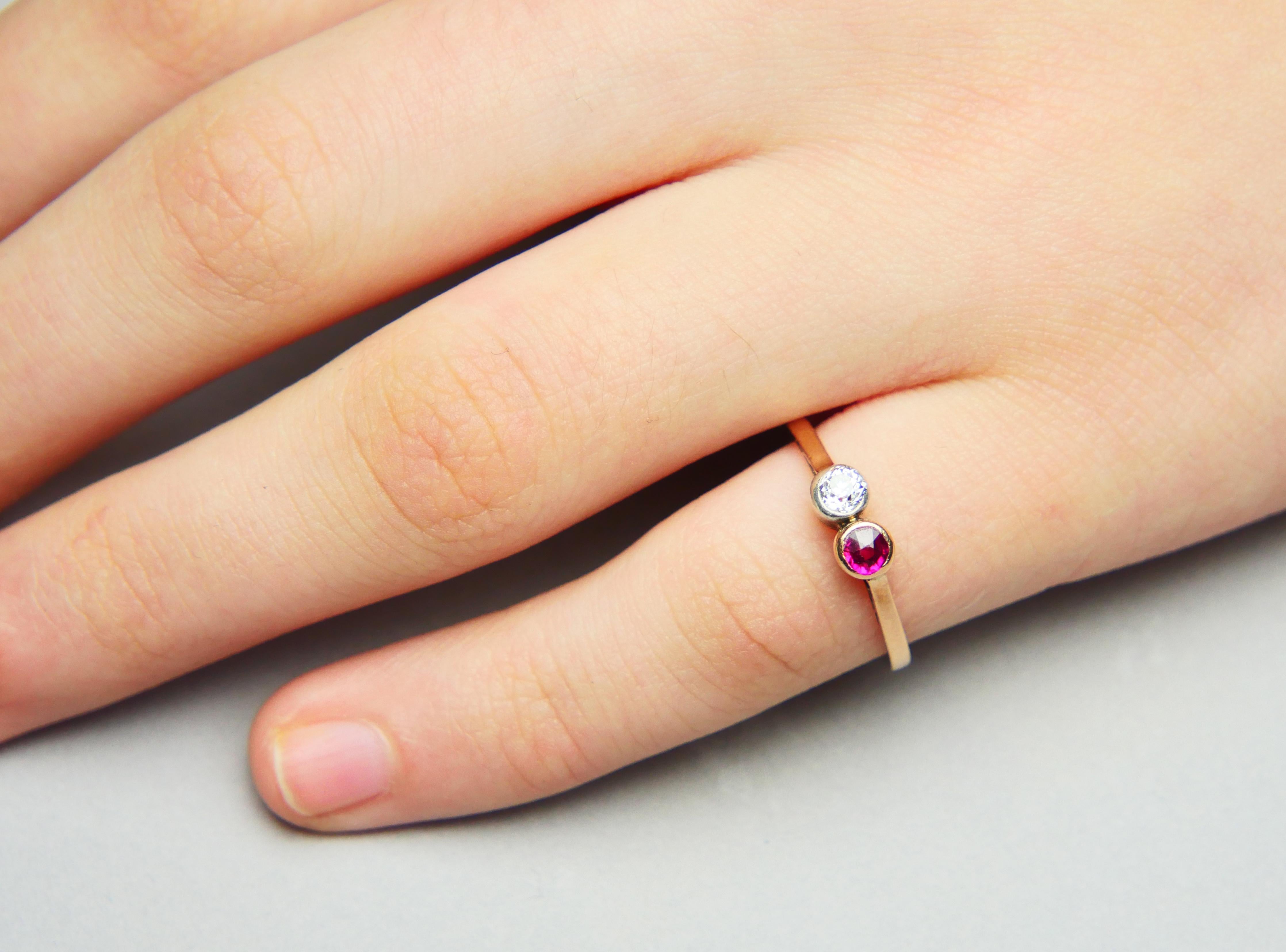 Antique Ring 0.2 ct Diamond 0.2ct Ruby solid 14K Rose Gold Silver Ø US5.25/1.6gr For Sale 2