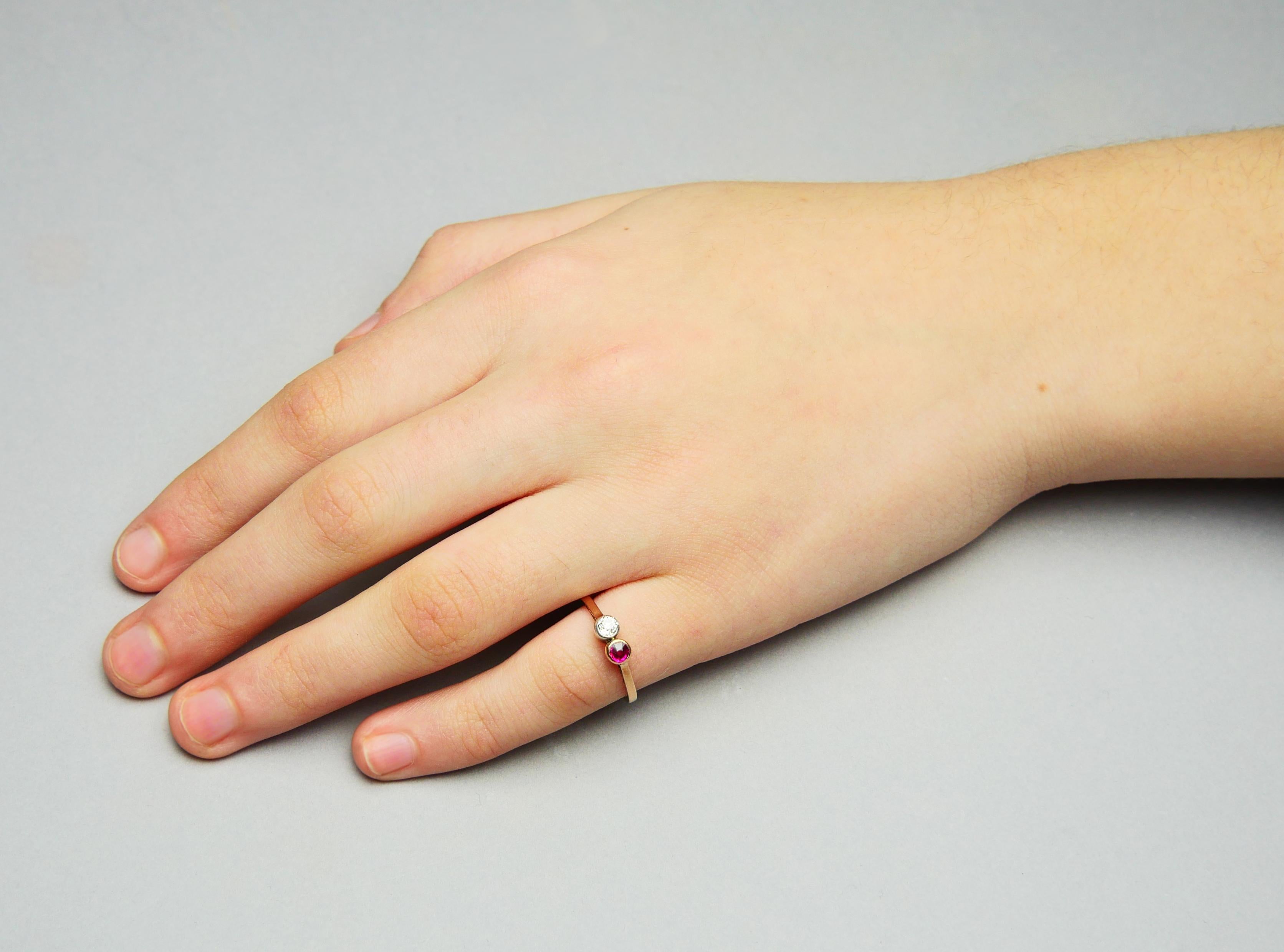 Antique Ring 0.2 ct Diamond 0.2ct Ruby solid 14K Rose Gold Silver Ø US5.25/1.6gr For Sale 3