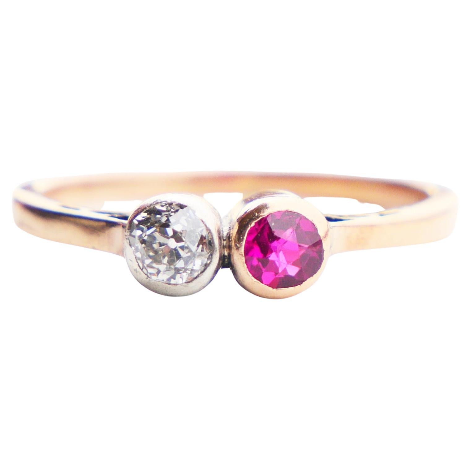 Antique Ring 0.2 ct Diamond 0.2ct Ruby solid 14K Rose Gold Silver Ø US5.25/1.6gr