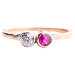 Antiker Ring 0.2 ct Diamant 0.2ct Rubin massiv 14K Rose Gold Silber Ø US5.25/1.6gr