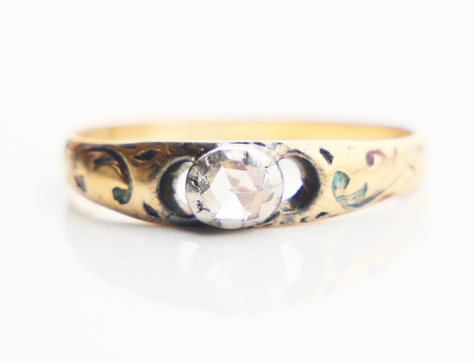 Antique Ring 0.25ct. Diamond Enamels solid 18K Gold Silver Ø4.25US/1.25 gr For Sale 5