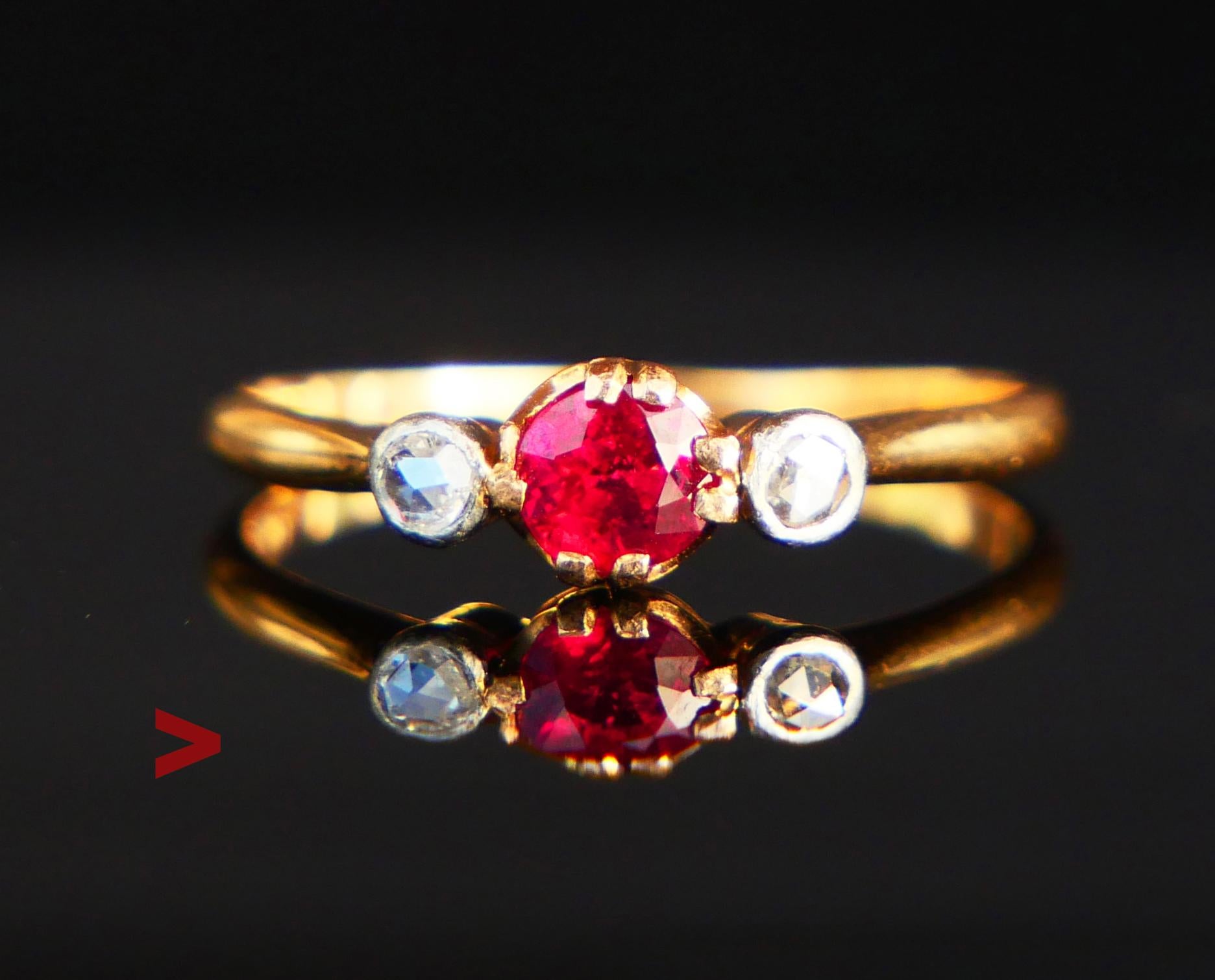 Beautiful Ruby and Diamonds Ring made ca. 1920s - 1930s.

Fragmented Swedish hallmarks, 18K, metal tested solid 18K Yellow Gold.

Crown: 11 mm x 5 mm x 4 mm in depth.

Claw set old Diamond cut natural Ruby of high intensity / vibrant / prominently /