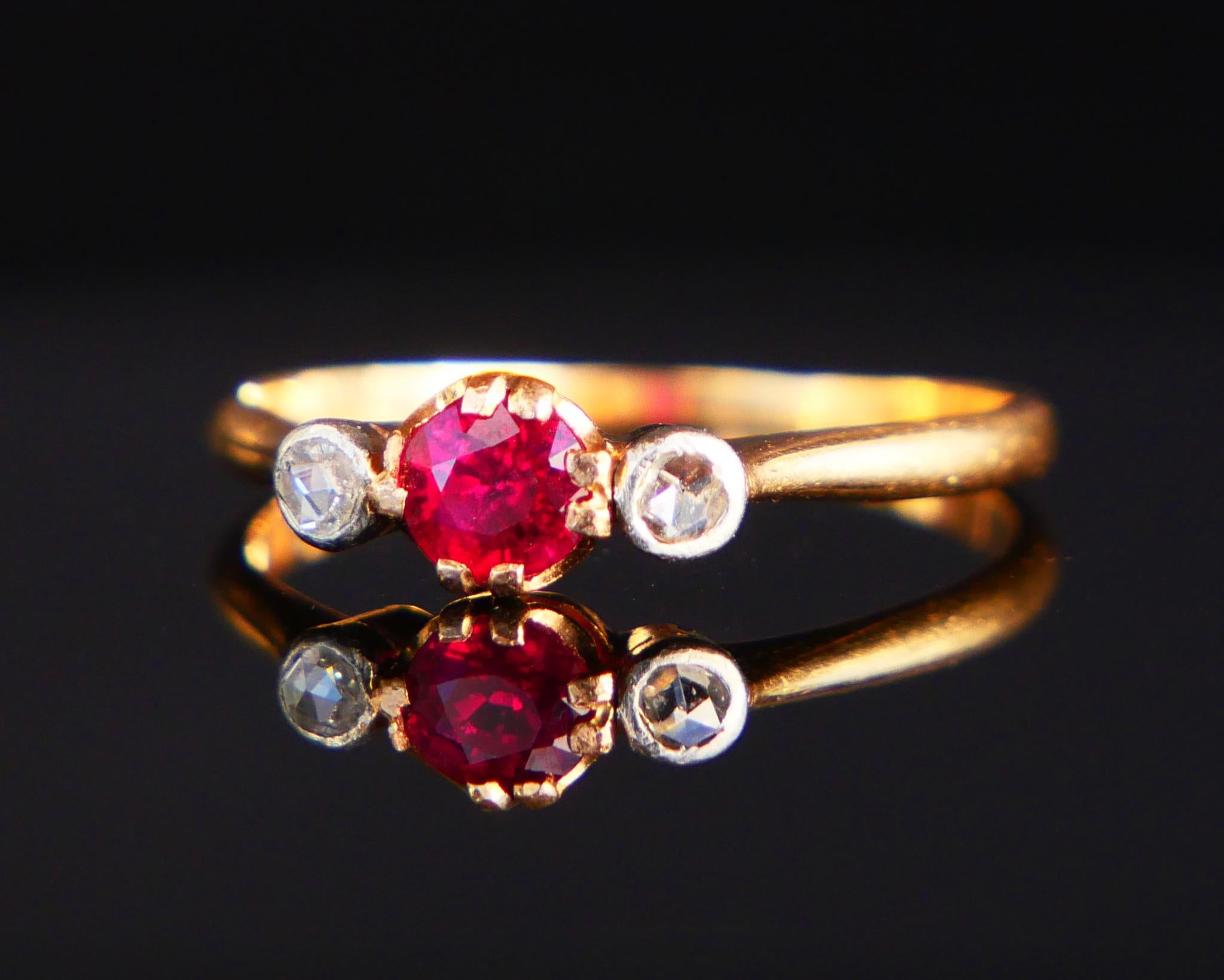 Art Deco Antique Ring 0.36ct natural Ruby Diamonds solid 18K Gold Platinum ØUS7 / 1.65 gr