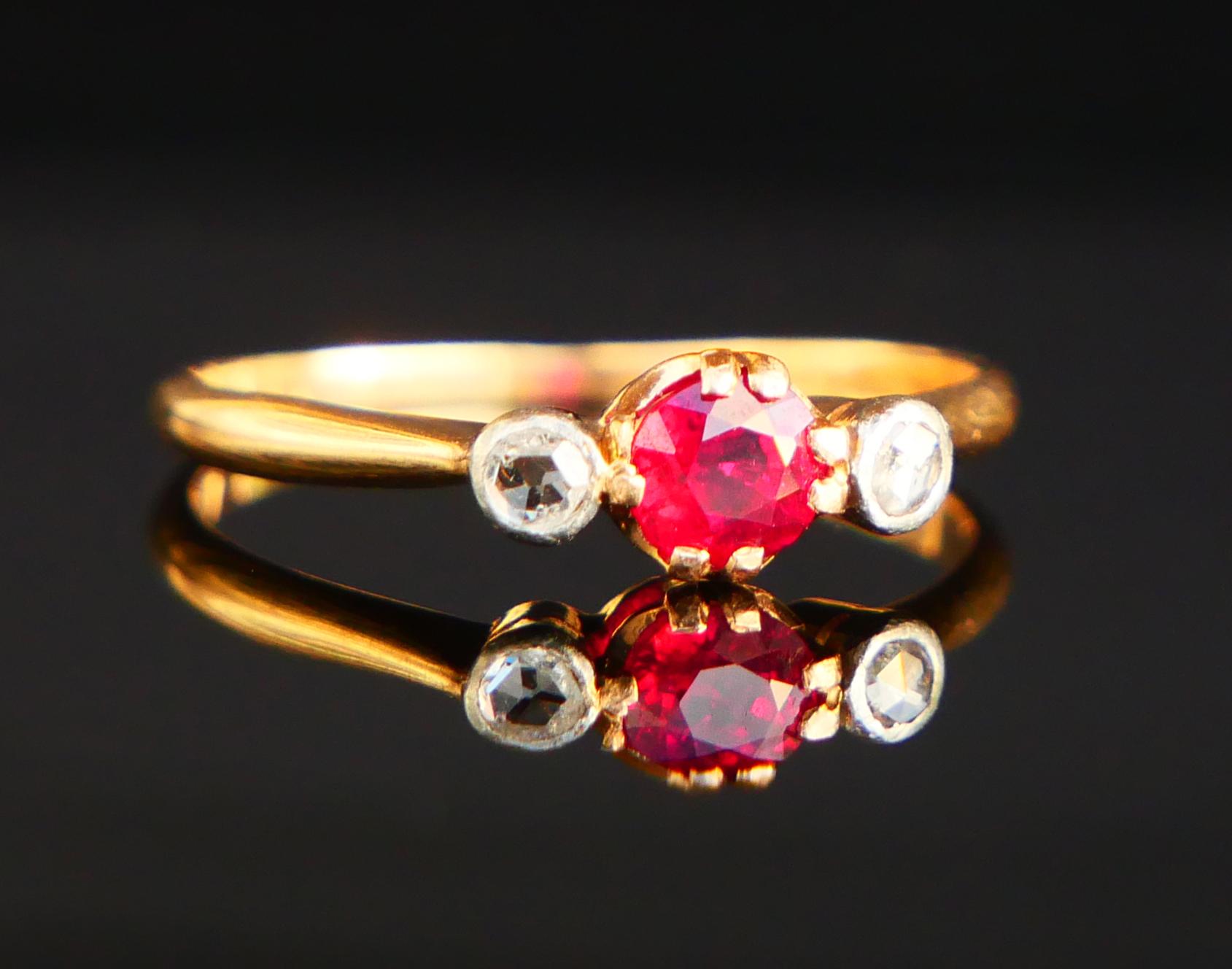 Old European Cut Antique Ring 0.36ct natural Ruby Diamonds solid 18K Gold Platinum ØUS7 / 1.65 gr