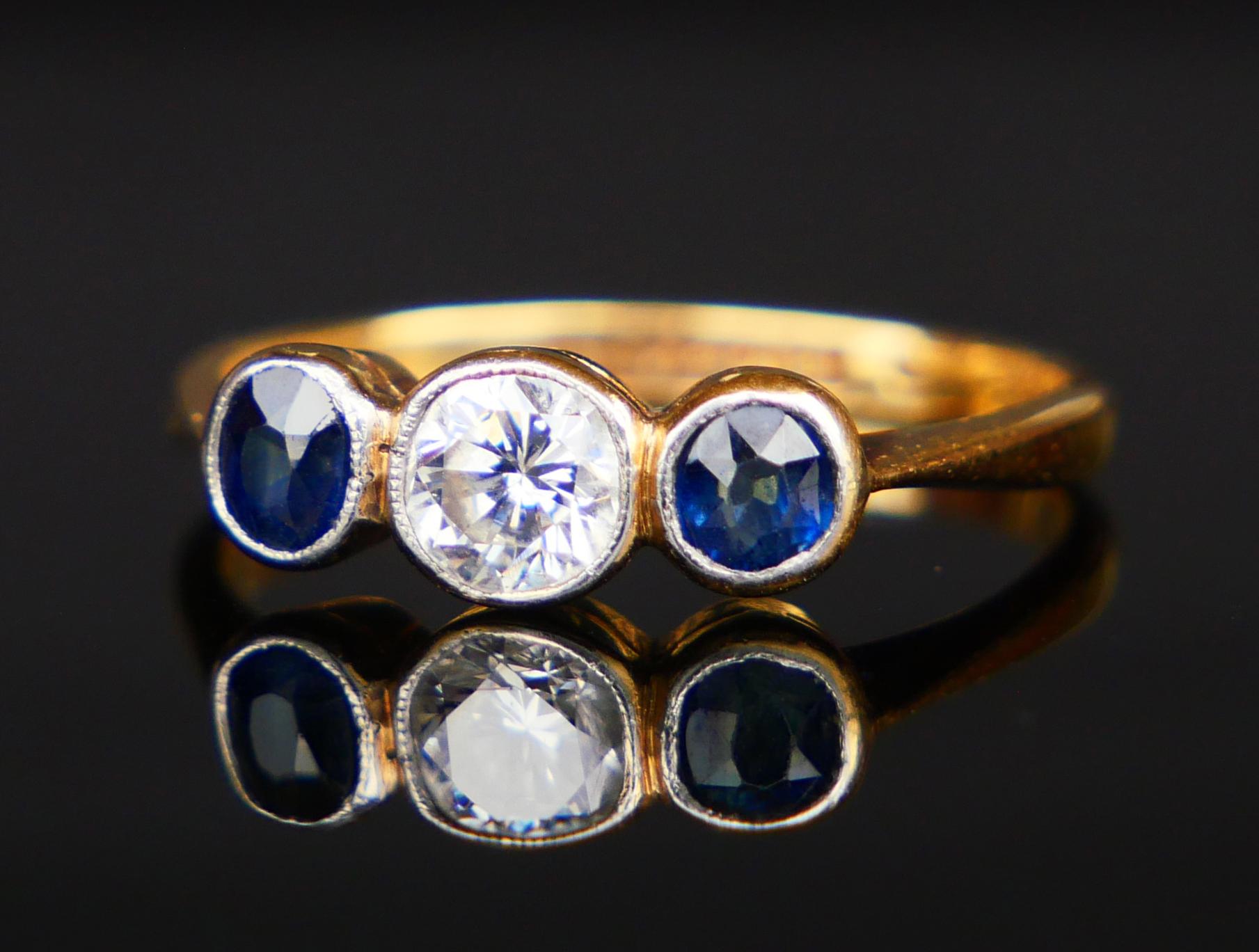 Antiker Ring 0,45ct Diamant 0,45ctw Blauer Saphir 18K Gold Platin ØUS5 /2,1 gr (Art nouveau) im Angebot