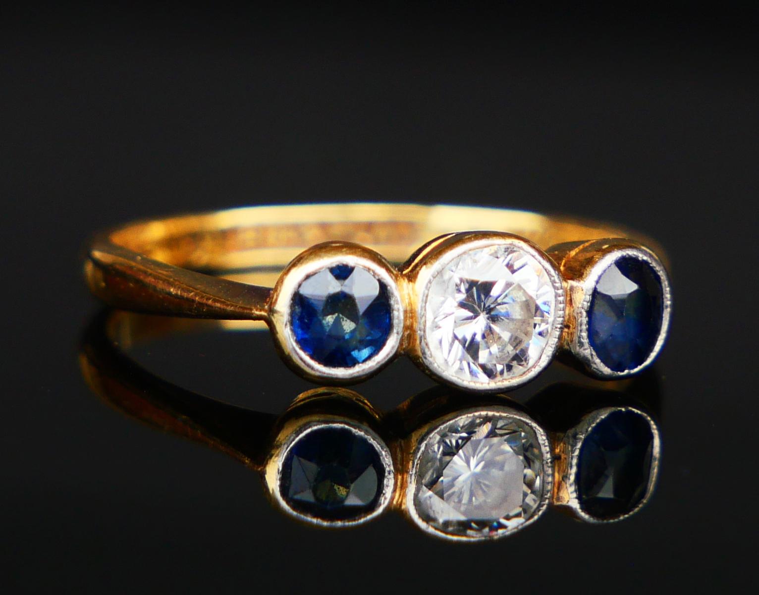 Antiker Ring 0,45ct Diamant 0,45ctw Blauer Saphir 18K Gold Platin ØUS5 /2,1 gr (Alteuropäischer Schliff) im Angebot