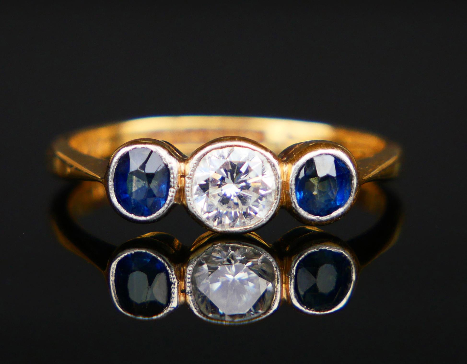 Antiker Ring 0,45ct Diamant 0,45ctw Blauer Saphir 18K Gold Platin ØUS5 /2,1 gr Damen im Angebot