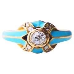 Antique Ring 0.4ctw Diamonds Blue Enamel solid 18K Gold ØUS7.25 / 4.1gr
