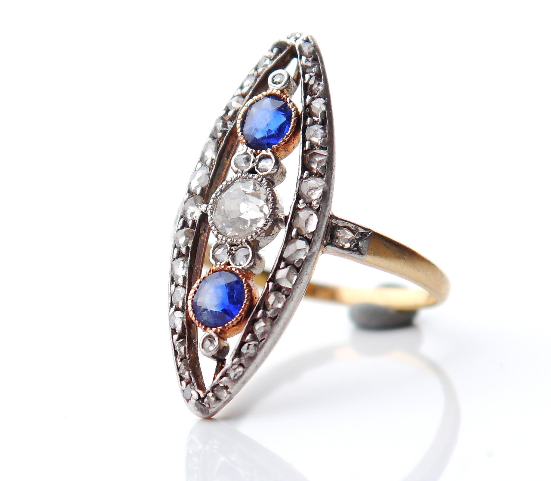Art Deco Antique Ring 0.5ctw Sapphires 1ctw Diamonds solid 18K Green Gold ØUS 7.75 / 4gr For Sale