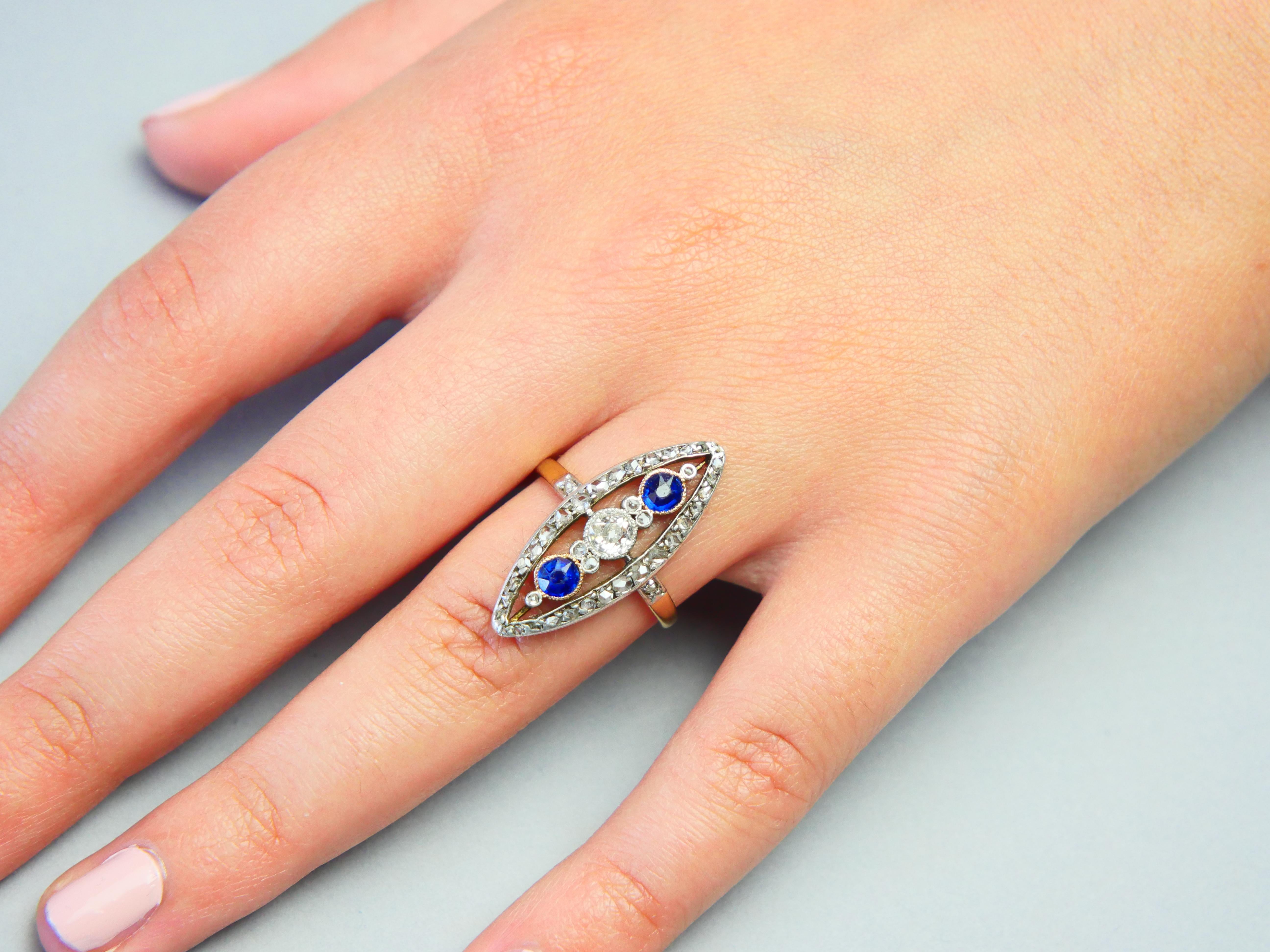 Women's Antique Ring 0.5ctw Sapphires 1ctw Diamonds solid 18K Green Gold ØUS 7.75 / 4gr For Sale